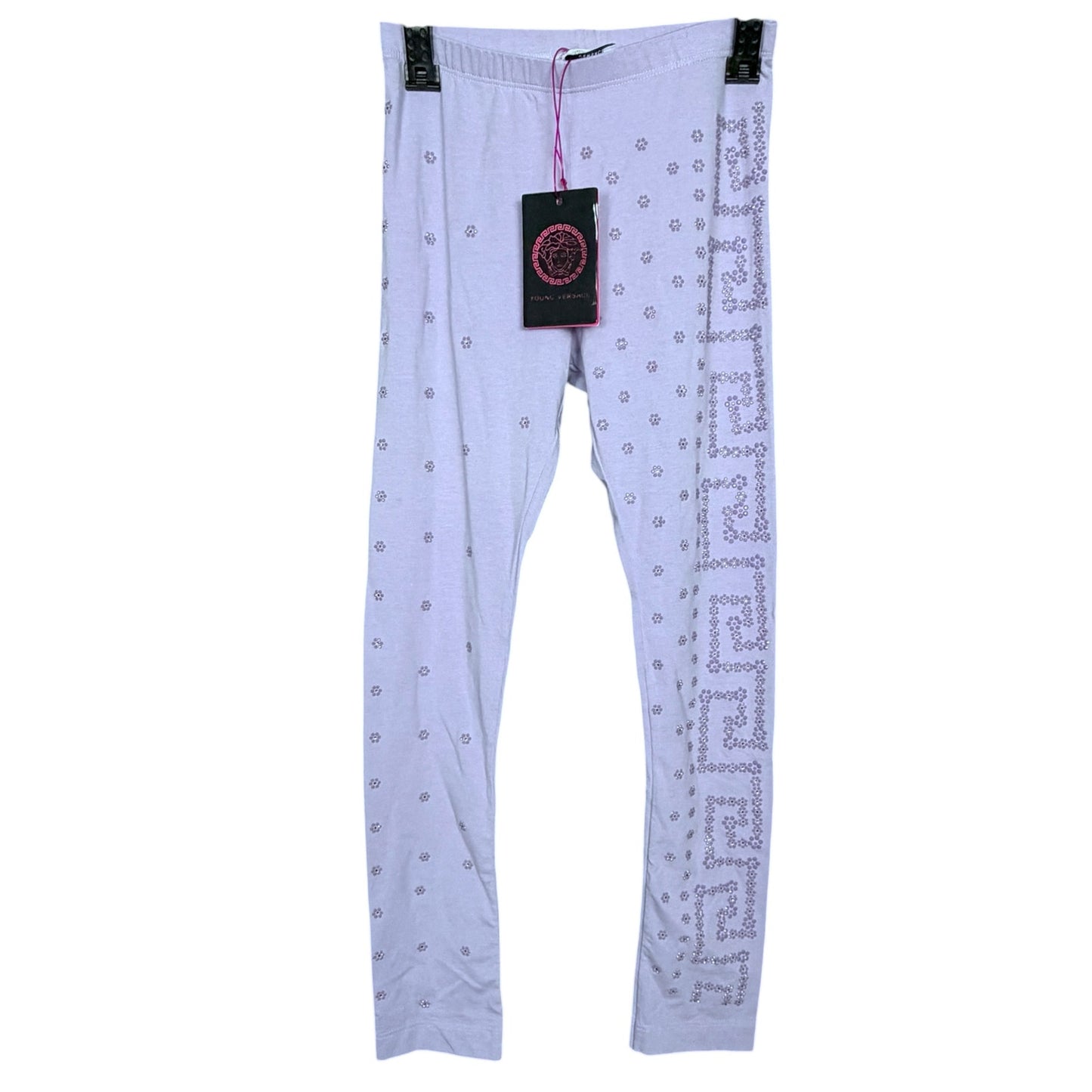 Young Versace Light Purple Greco Rhinestone Floral Girls Small Stretch Pants NWT