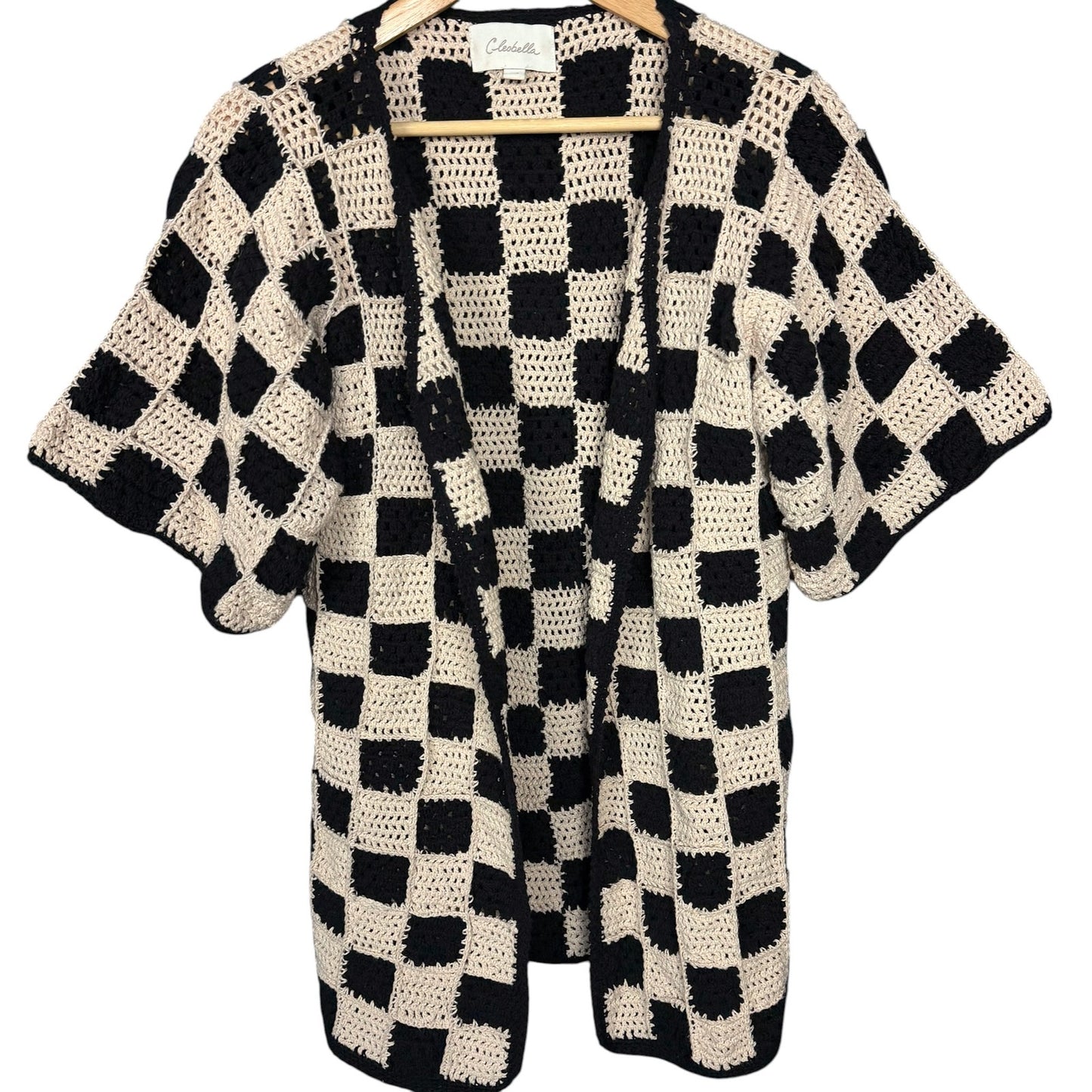 Cleobella Brenda Crochet Black White Checkerboard Knit Cardigan Women's XS Boho