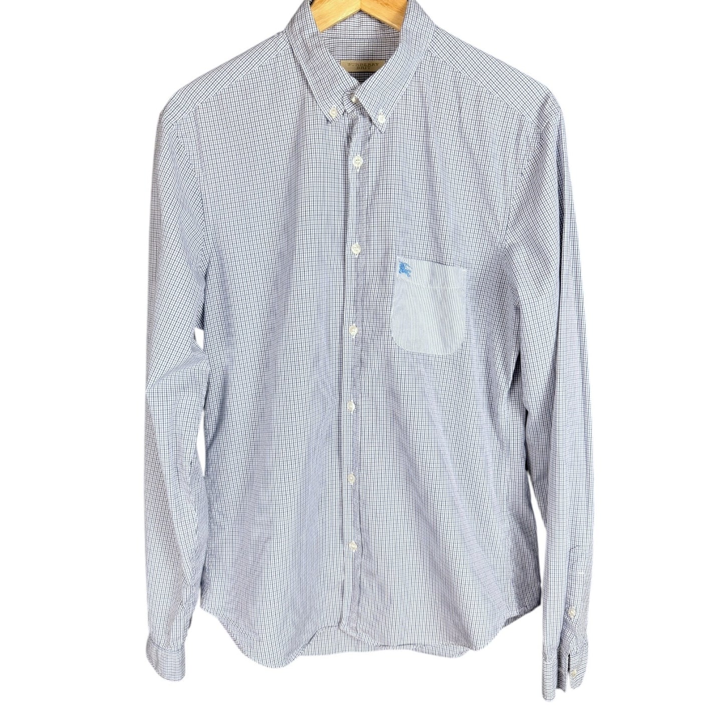 Burberry Brit Blue White Check Pocket Logo Men's Medium Button Down Dress Shirt