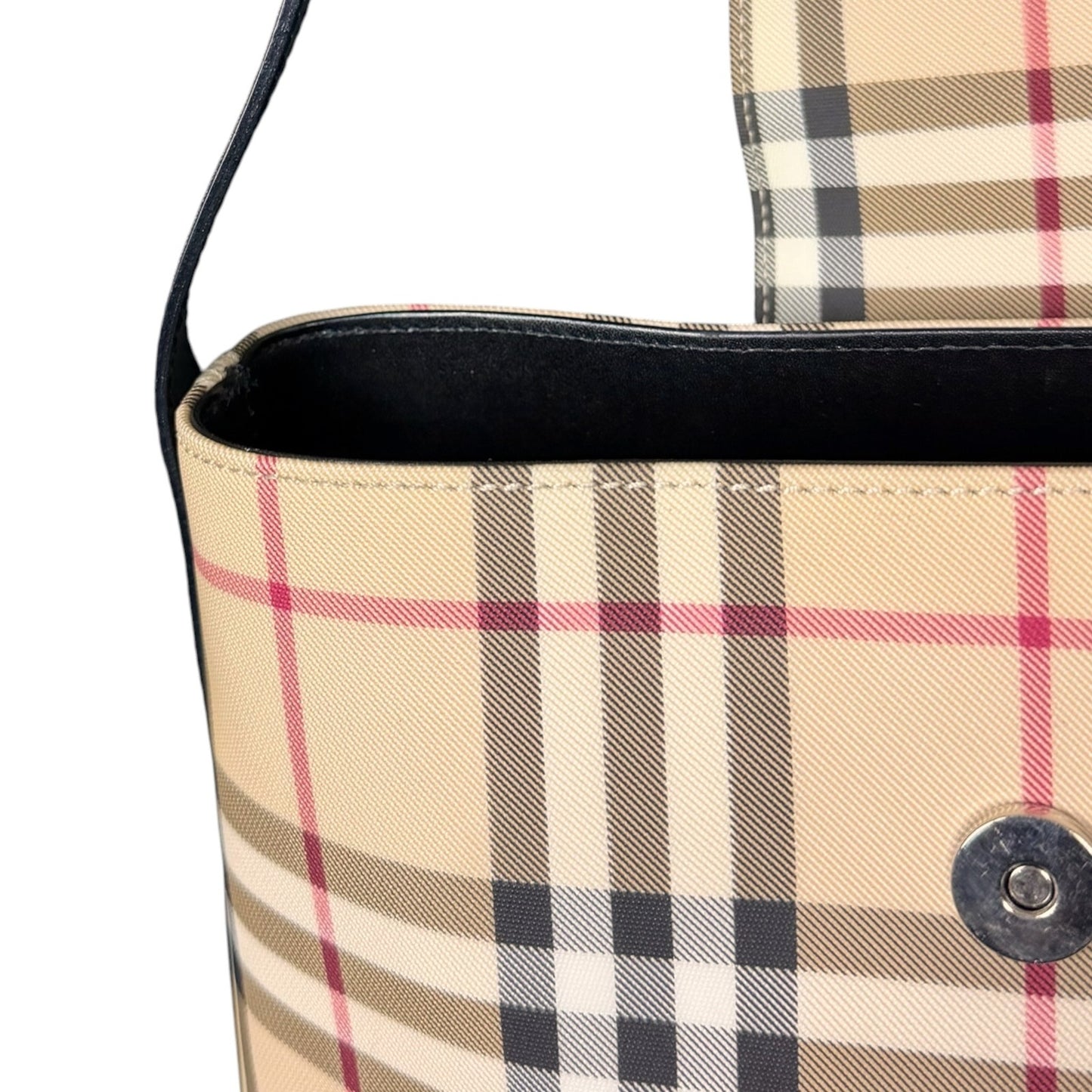 Burberry Nova Check Top Handle Bag Purse Silver Metal Leather Trim Luxury