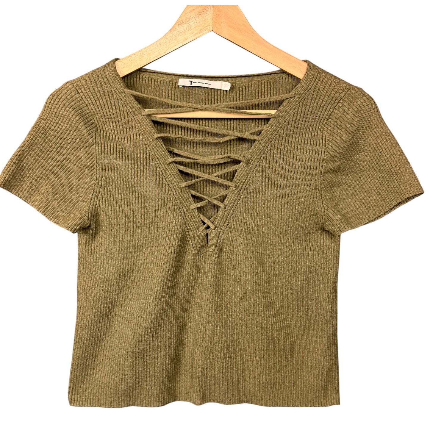 Alexander Wang T Women's S Corset Front Ribbed Cropped Sweater Top Cashmere