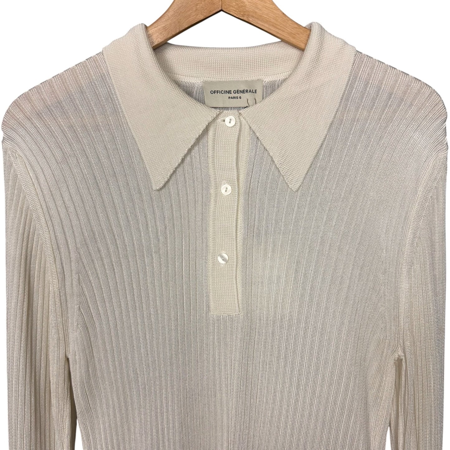 Officine Generale Jana Ribbed Knit Cream Polo Long Sleeve Top Women's M NWT $465