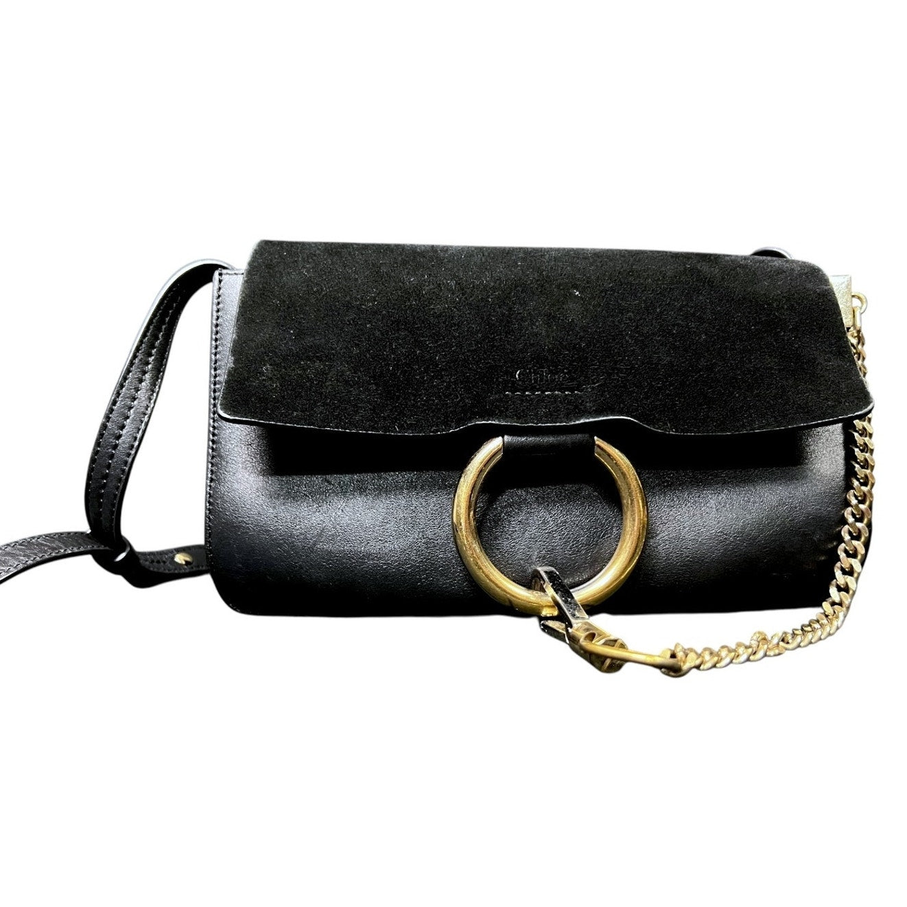 Chloe Faye Black Gold Shoulder Strap Small Handbag $1,350 Retail Suede Leather