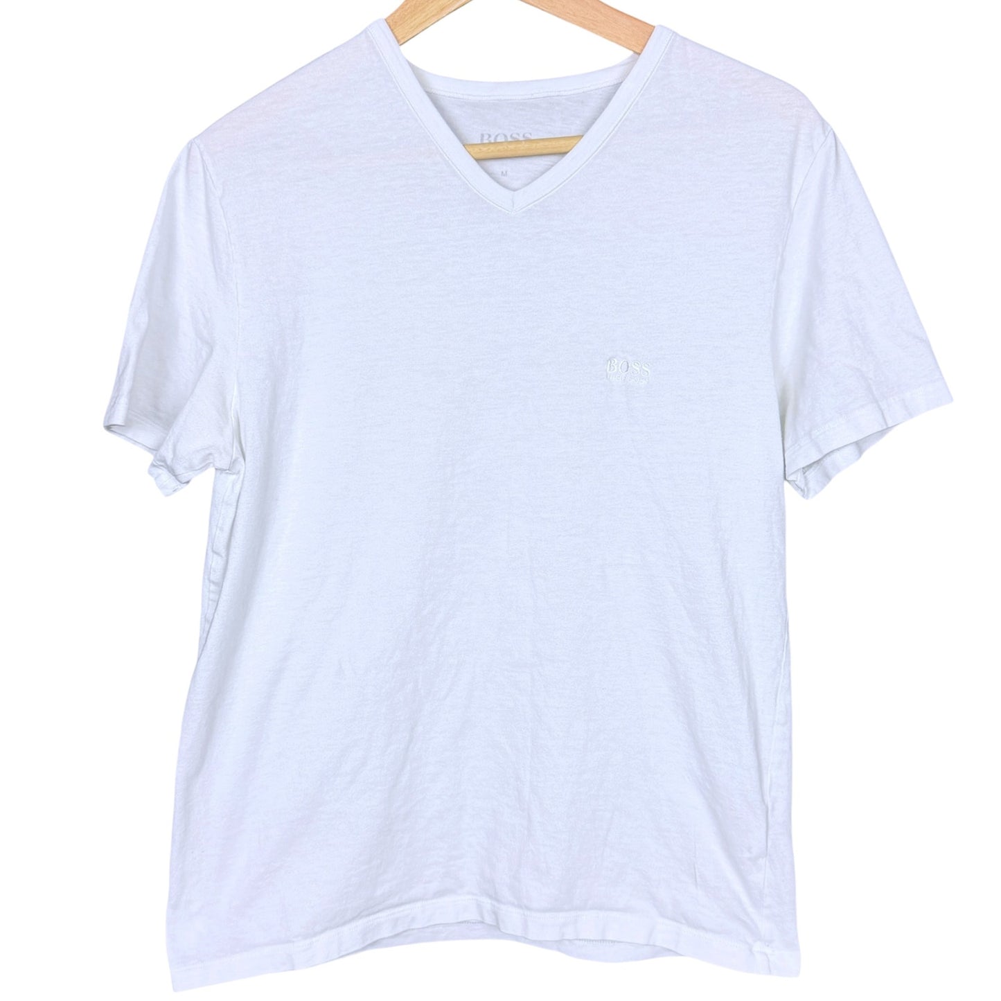 Hugo Boss White Modern Fit V-Neck Men's Medium Embroidered Logo T-Shirt Casual