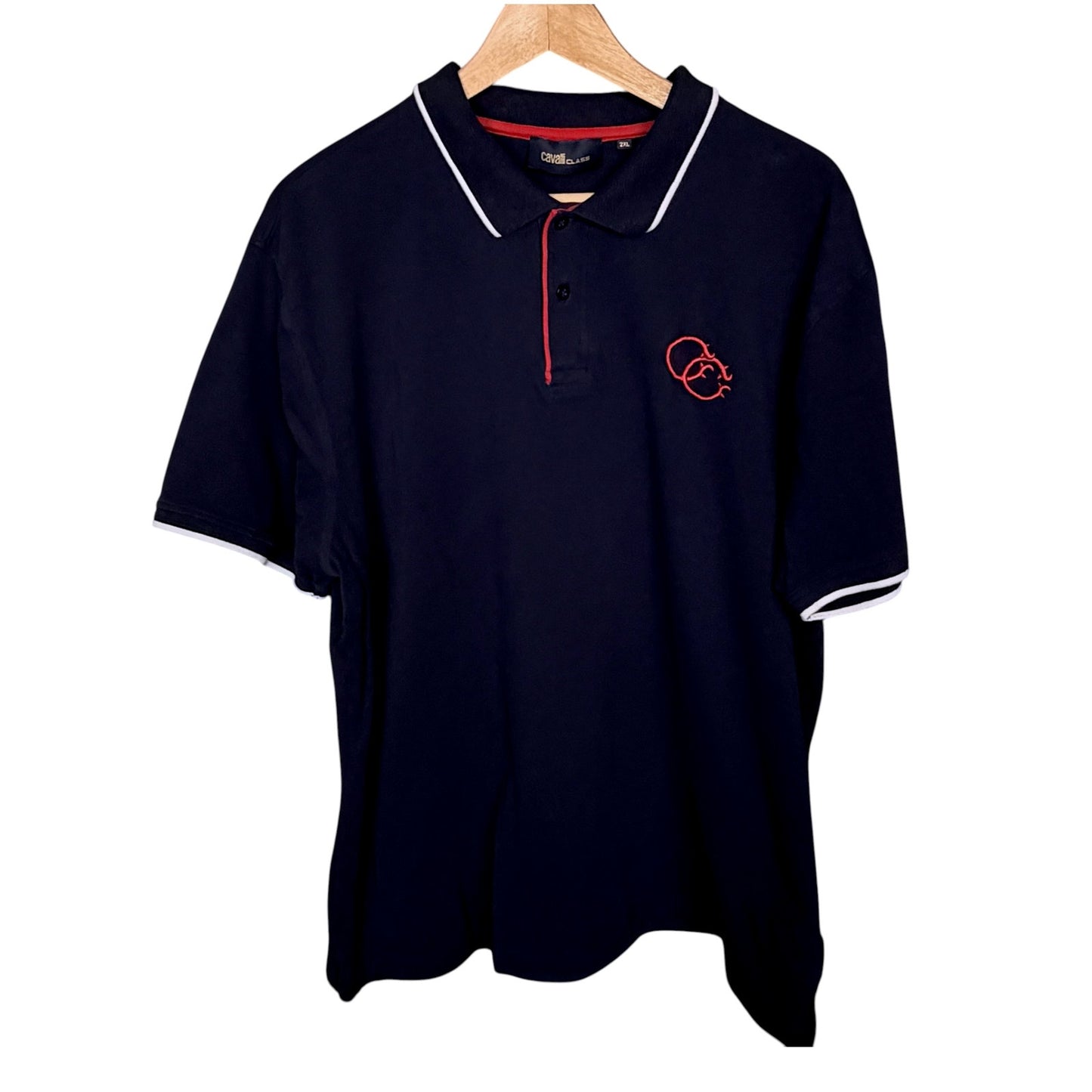 Roberto Cavalli Class Polo Shirt Mens 2XL Navy White Collar Logo Stretch Casual
