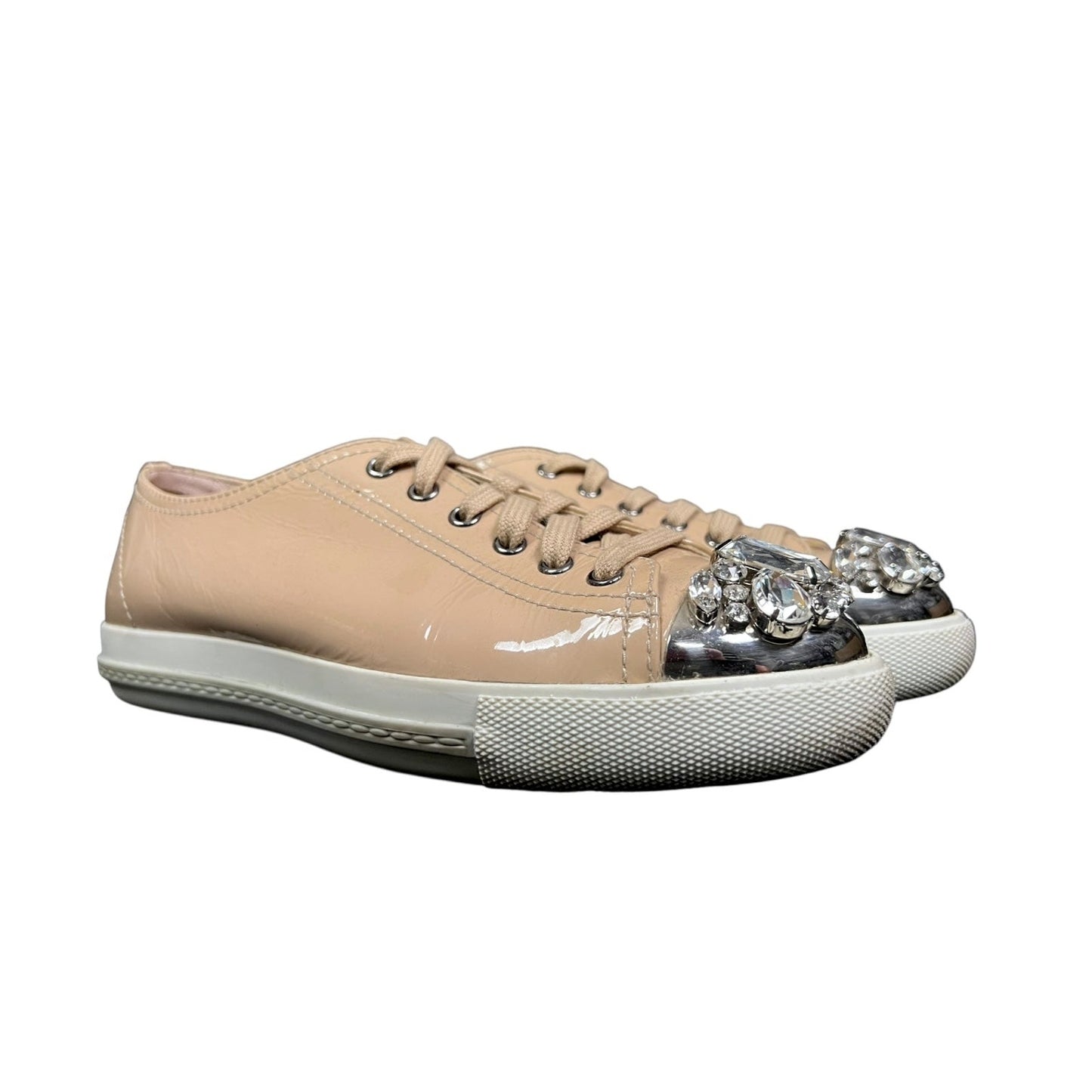 Miu Miu Crystal Embellished Patent Leather Beige Sneakers $1,120 US 7.5/8 EU 38