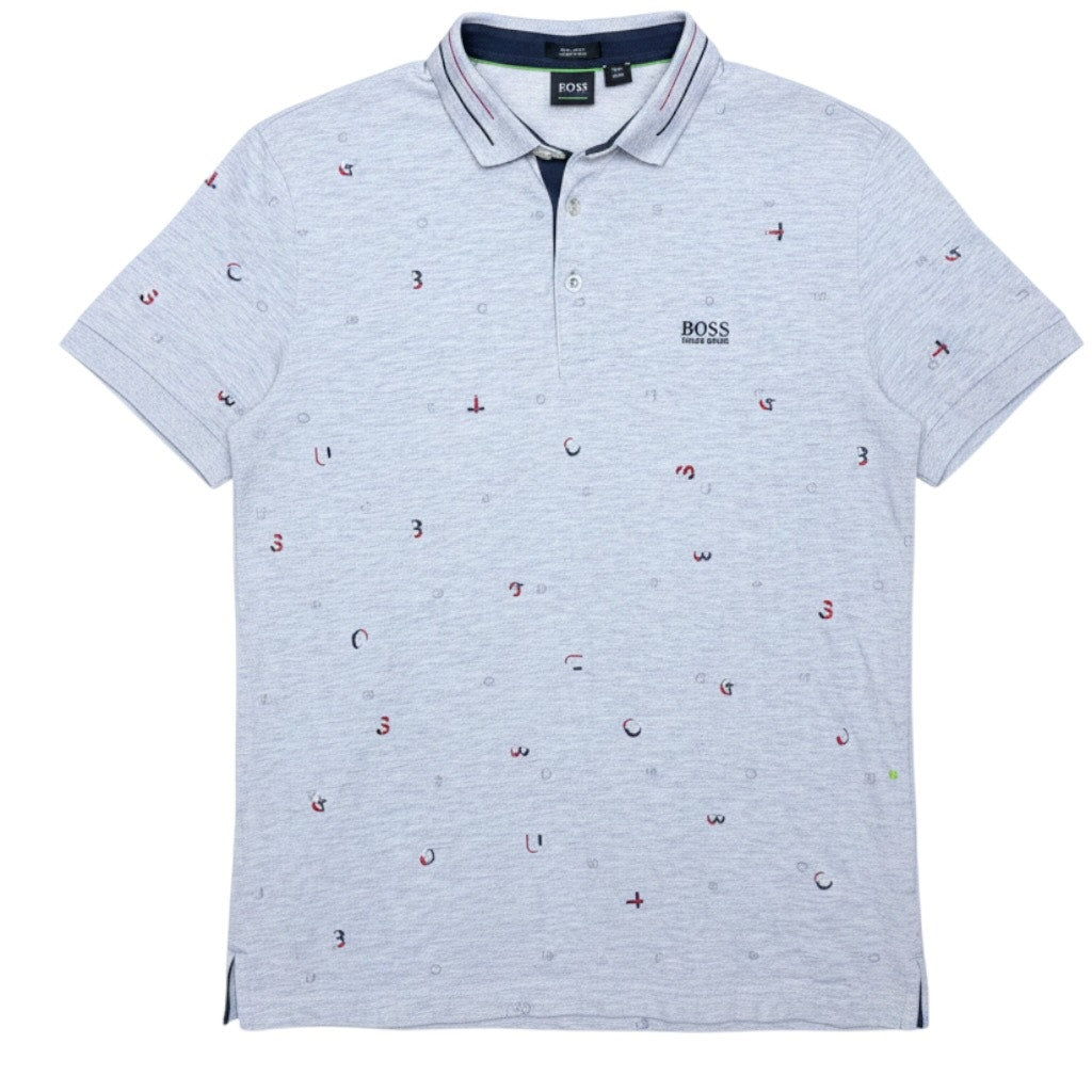 Boss Hugo Boss Gray All Over Embroidered Logo Men's Medium Pima Polo Shirt