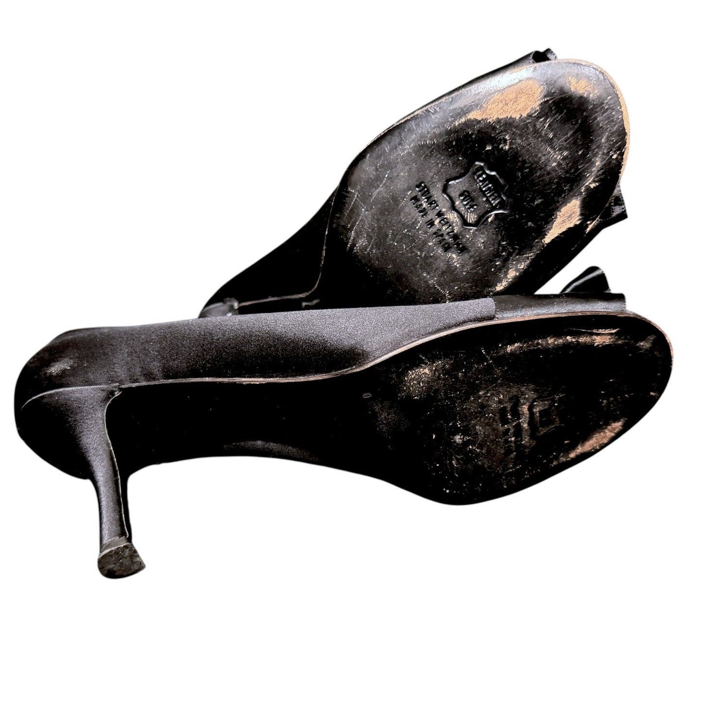 Stuart Weitzman Black Satin Ruffle Bow Open Toe High Heel Pumps Shoes Size 10.5