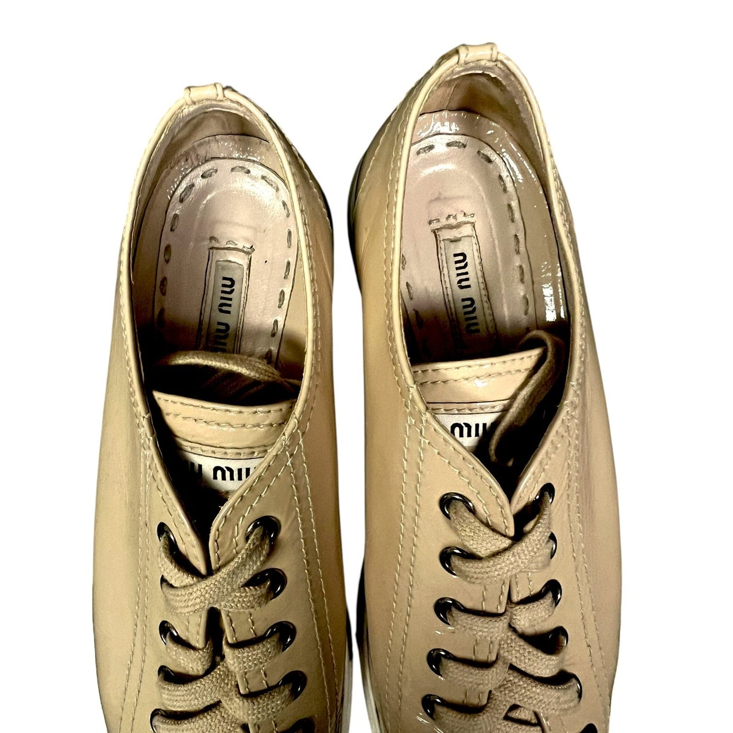 Miu Miu Crystal Embellished Patent Leather Beige Sneakers $1,120 US 7.5/8 EU 38