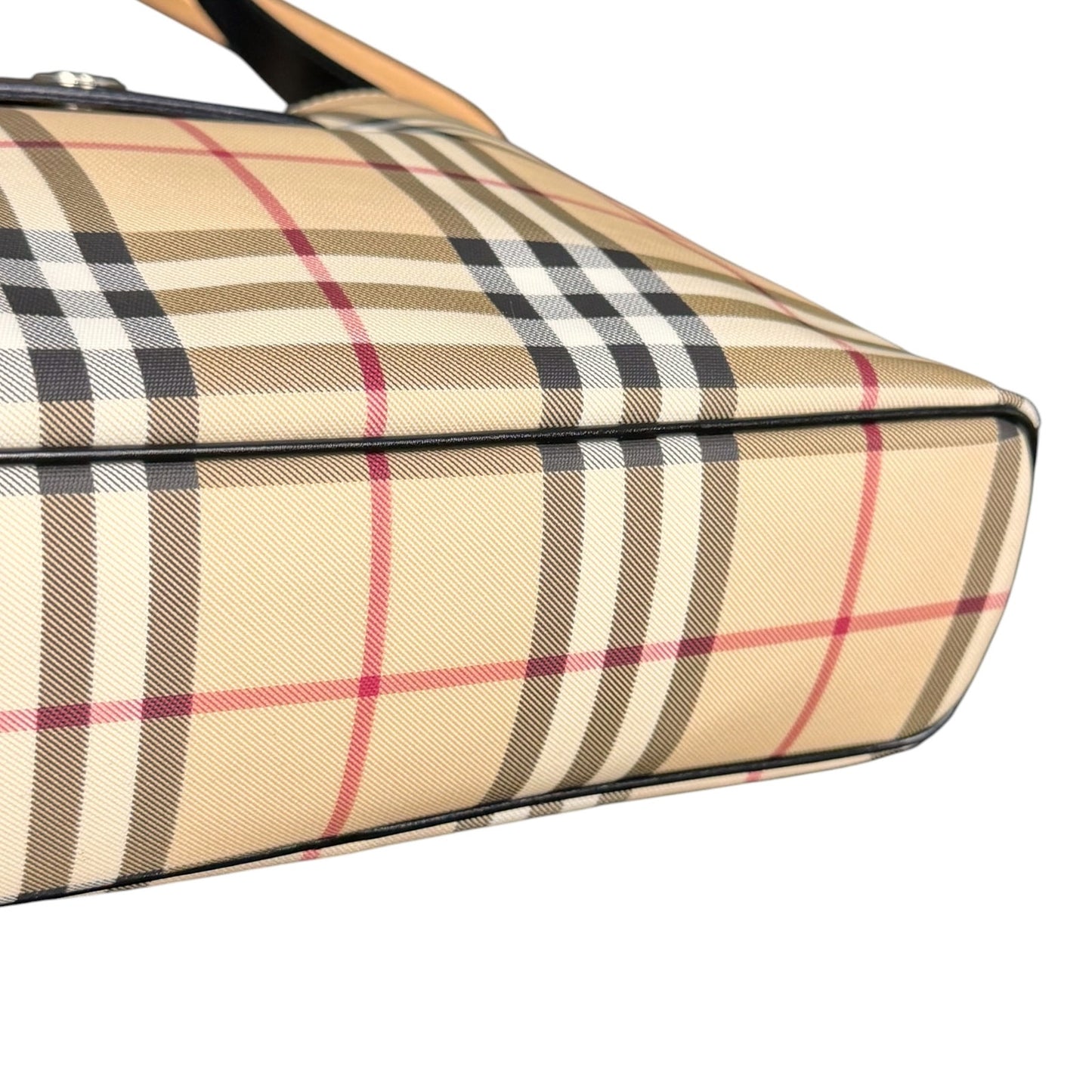 Burberry Nova Check Top Handle Bag Purse Silver Metal Leather Trim Luxury