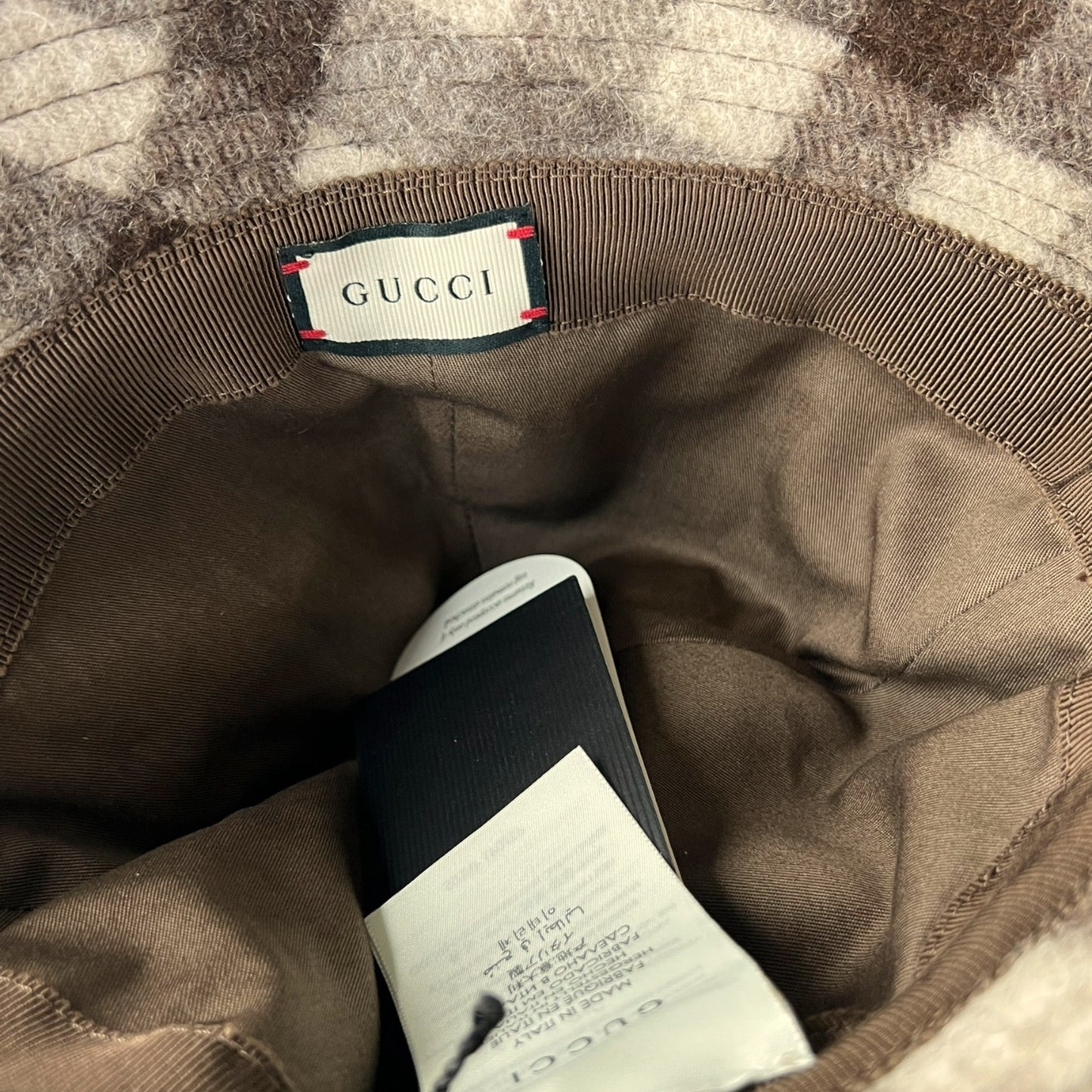 Gucci Orgasmique Patch Bucket Brown & White Plaid Bucket Hat - $530 Retail