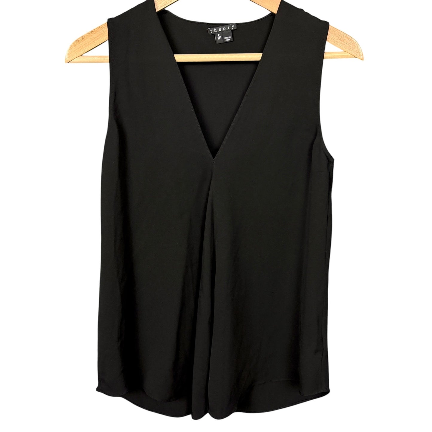 Theory Women P Black 100% Silk V Neck Sleeveless Curved Hem Strap Tank Shell