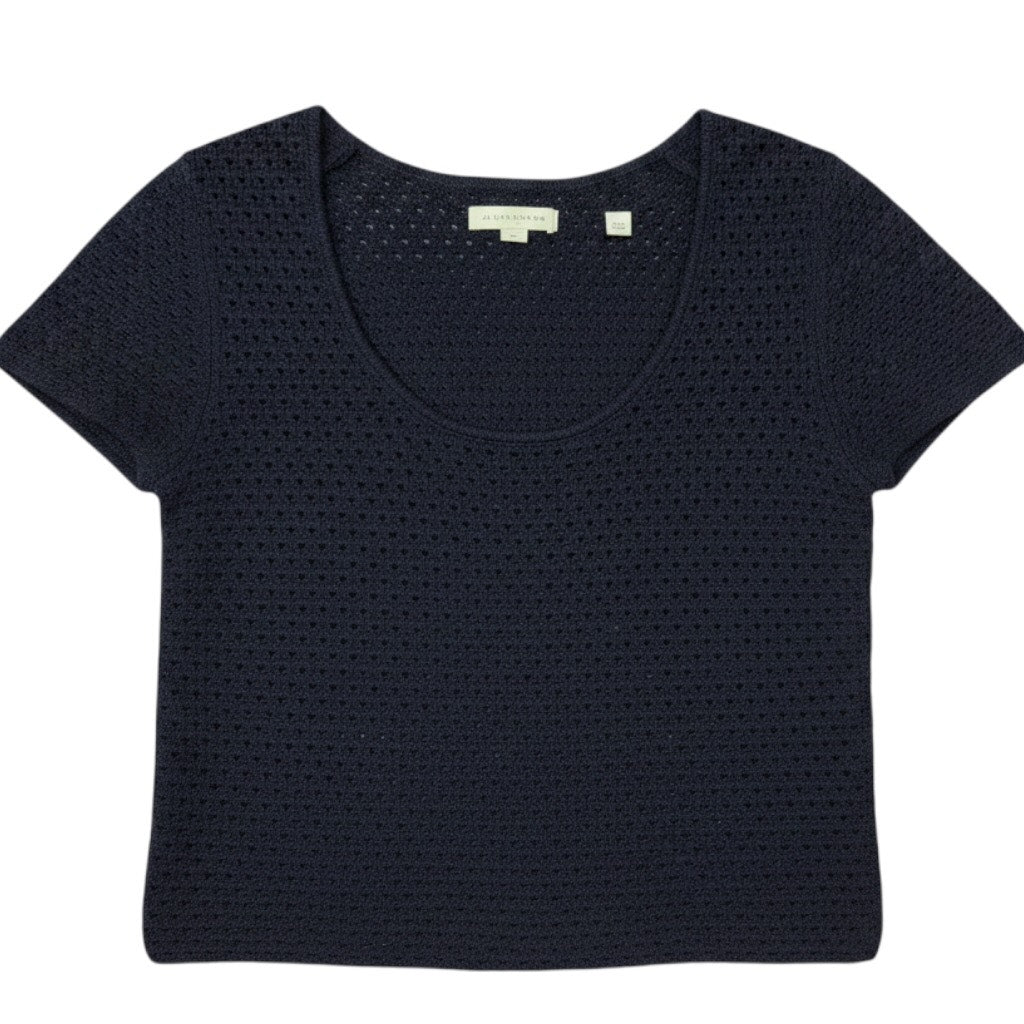 Vince Women's Small Navy Blue Open Knit Pointelle Cotton Short Sweater Boho