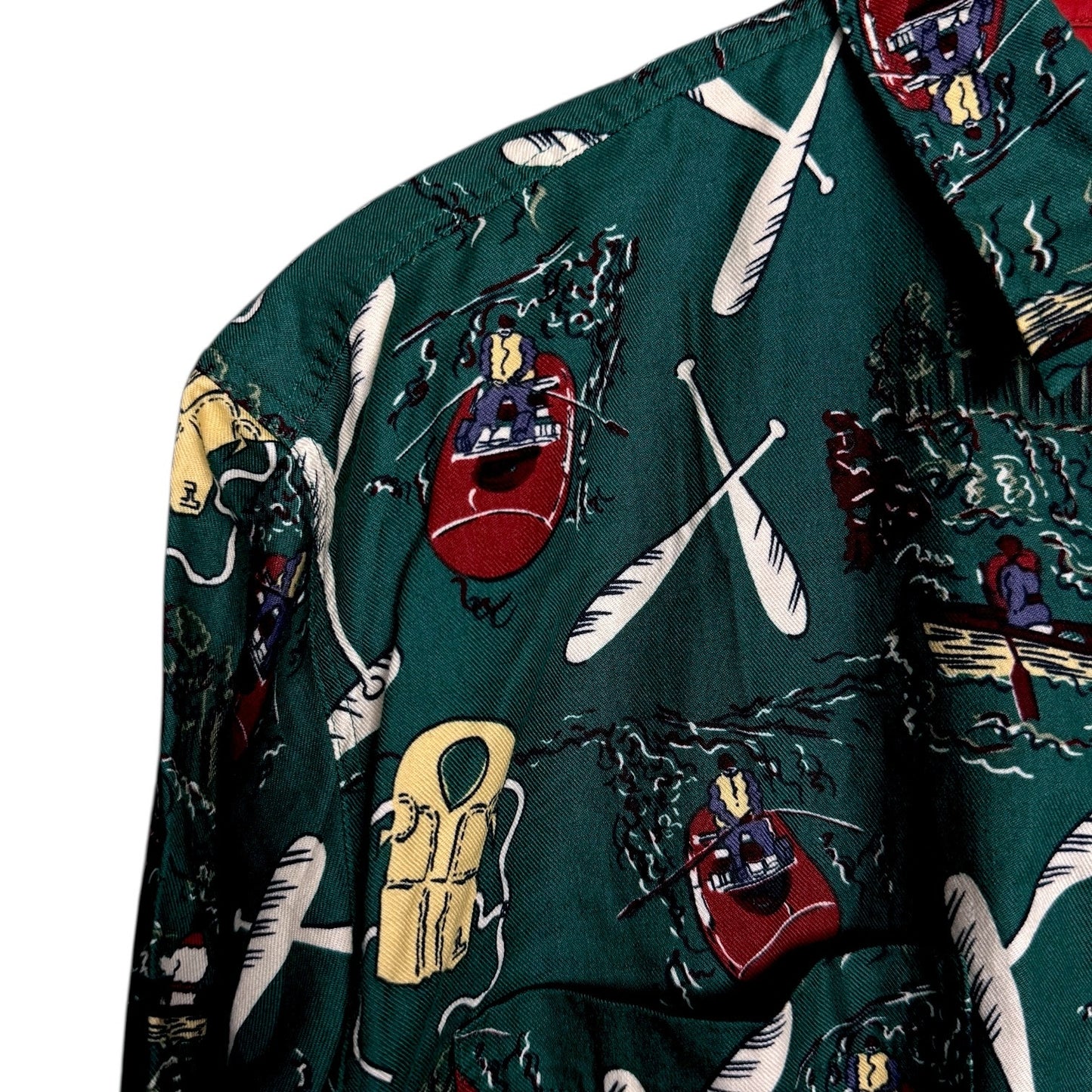 Vintage 90s America Perry Ellis Boat Rafting Fishing Outdoors Print L/S Shirt S