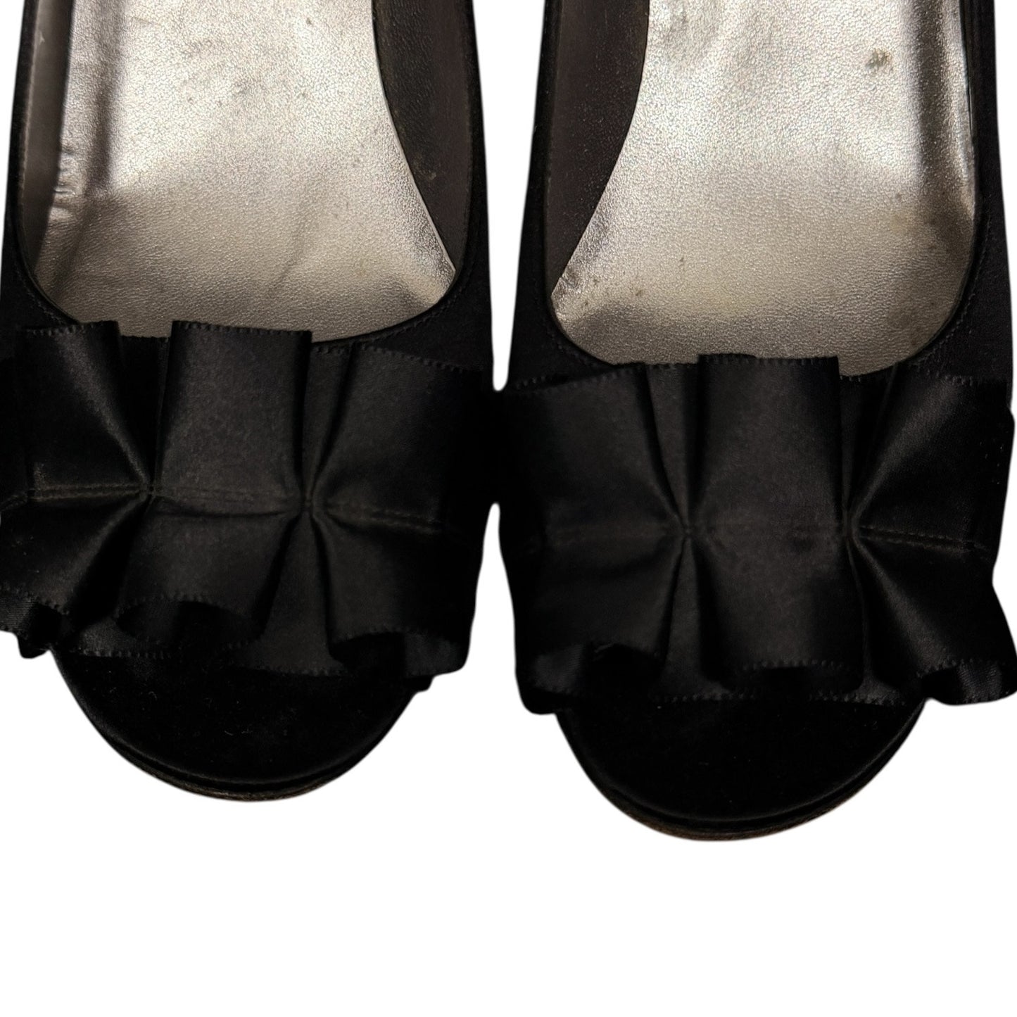 Stuart Weitzman Black Satin Ruffle Bow Open Toe High Heel Pumps Shoes Size 10.5