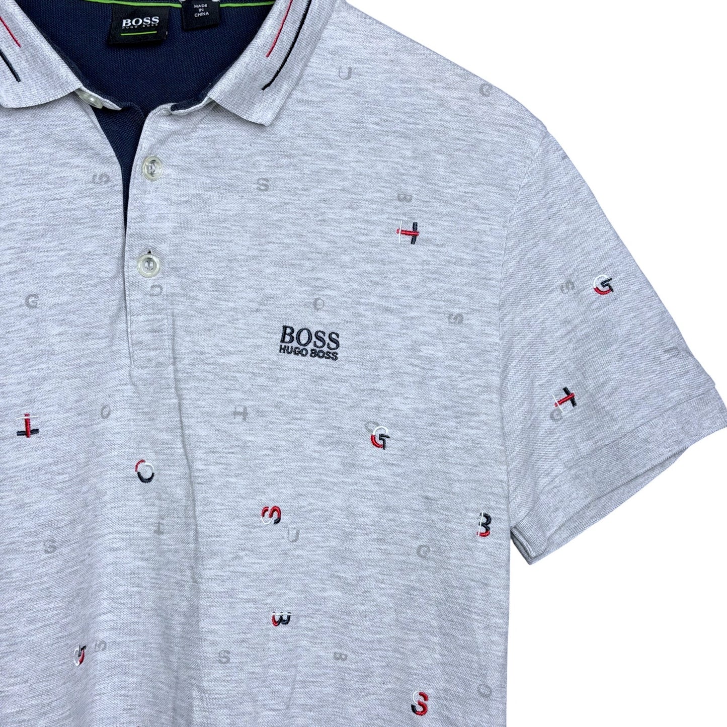 Boss Hugo Boss Gray All Over Embroidered Logo Men's Medium Pima Polo Shirt