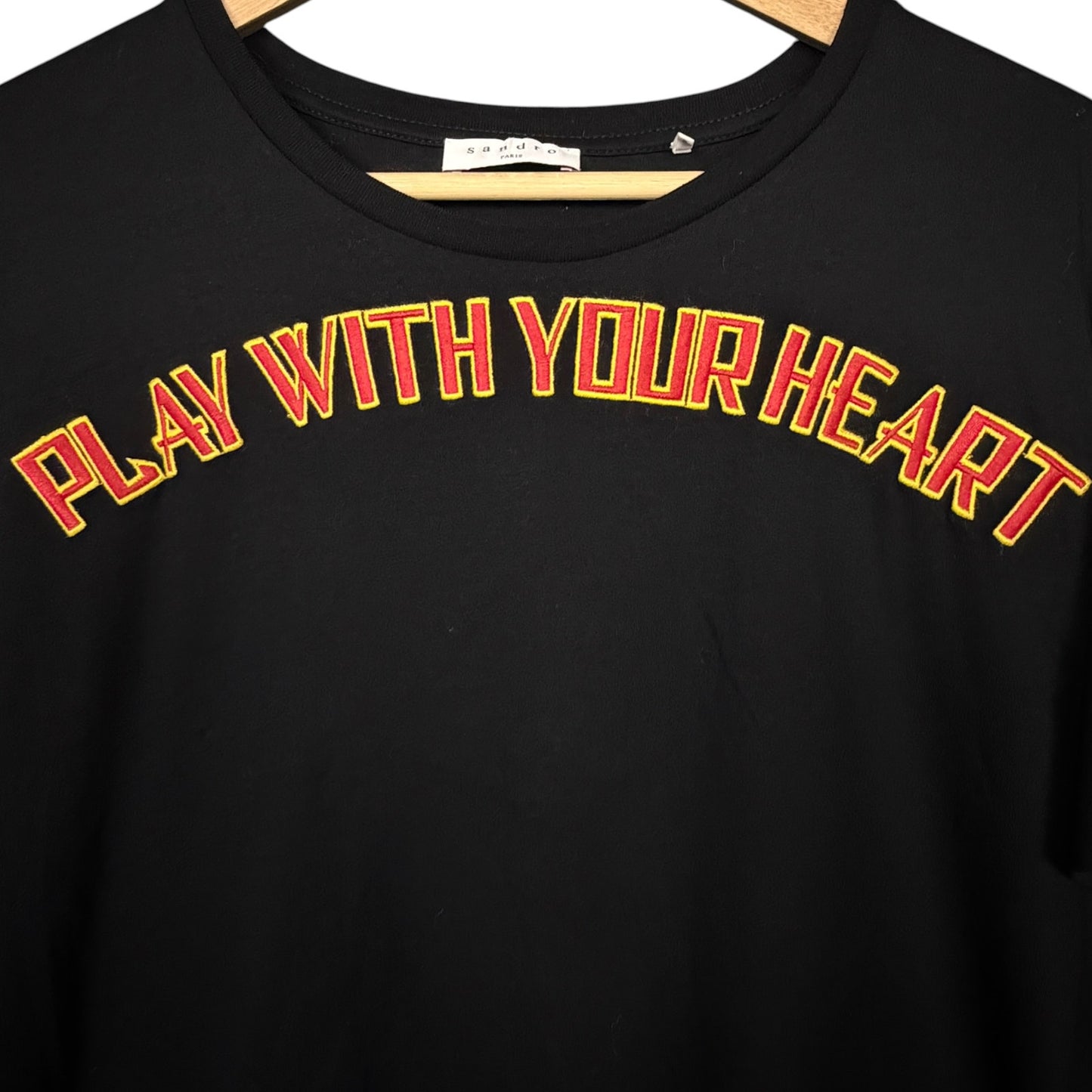 Sandro Embroidered Play With Your Heart Women's Medium Short Sleeve Black Tee