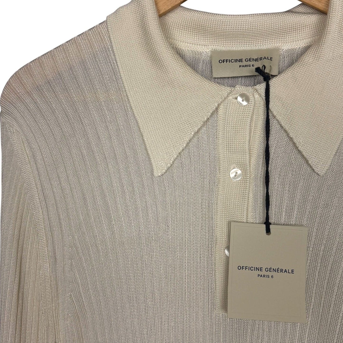 Officine Generale Jana Ribbed Knit Cream Polo Long Sleeve Top Women's M NWT $465