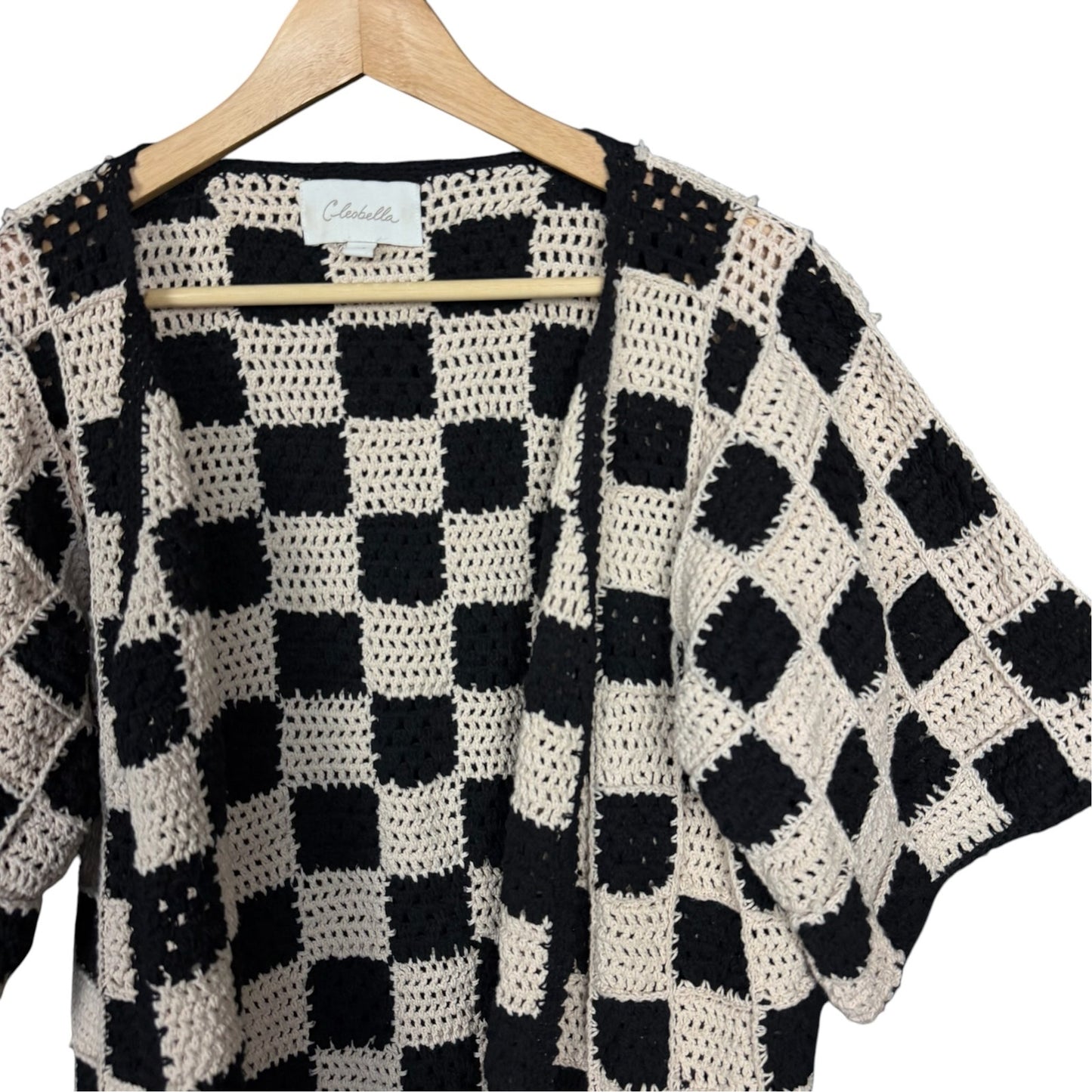 Cleobella Brenda Crochet Black White Checkerboard Knit Cardigan Women's XS Boho