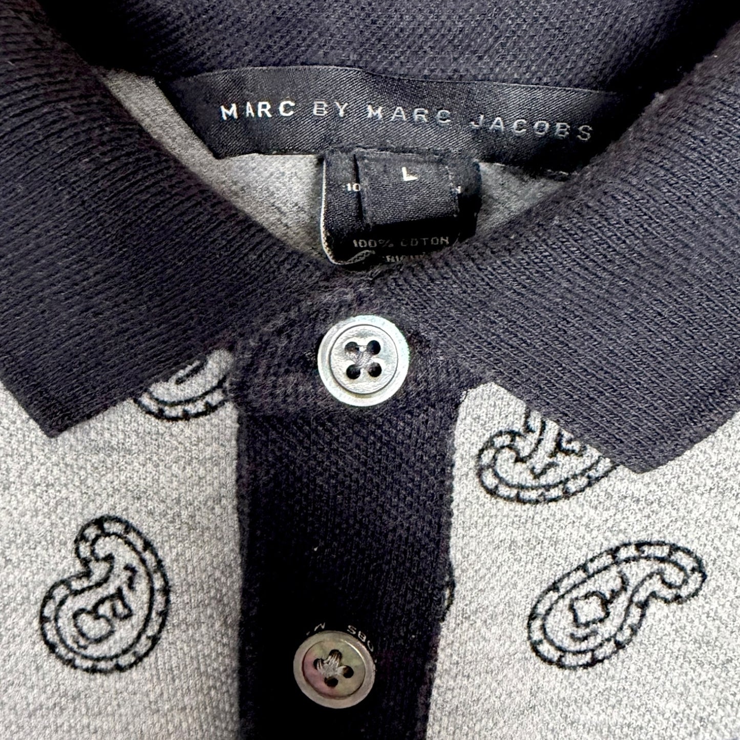 Marc Jacobs Paisley Print Gray Polo Navy Blue Trim Mens Large Preppy Work Casual