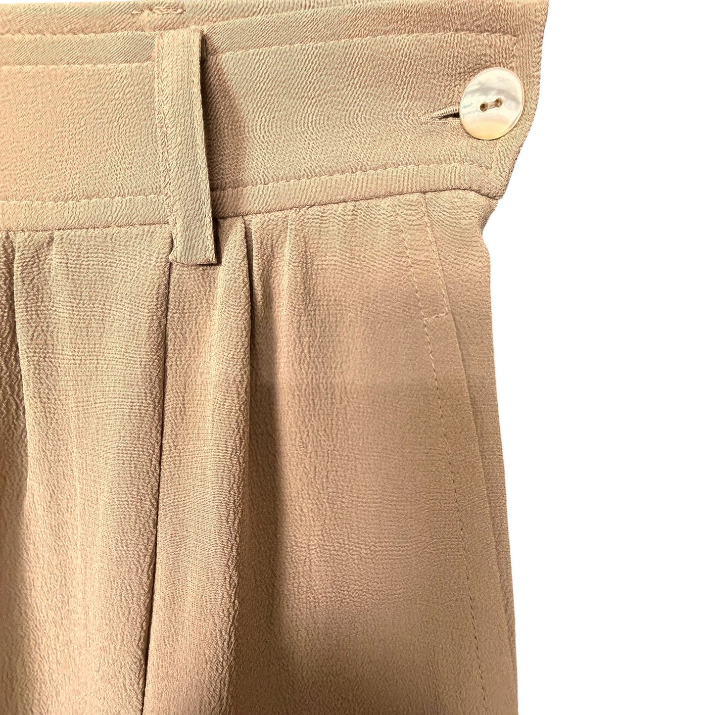 Dusan 100% Silk Flowy Pleated Tan Cuffed Women's L EU 42 Slacks Pants Career NWT