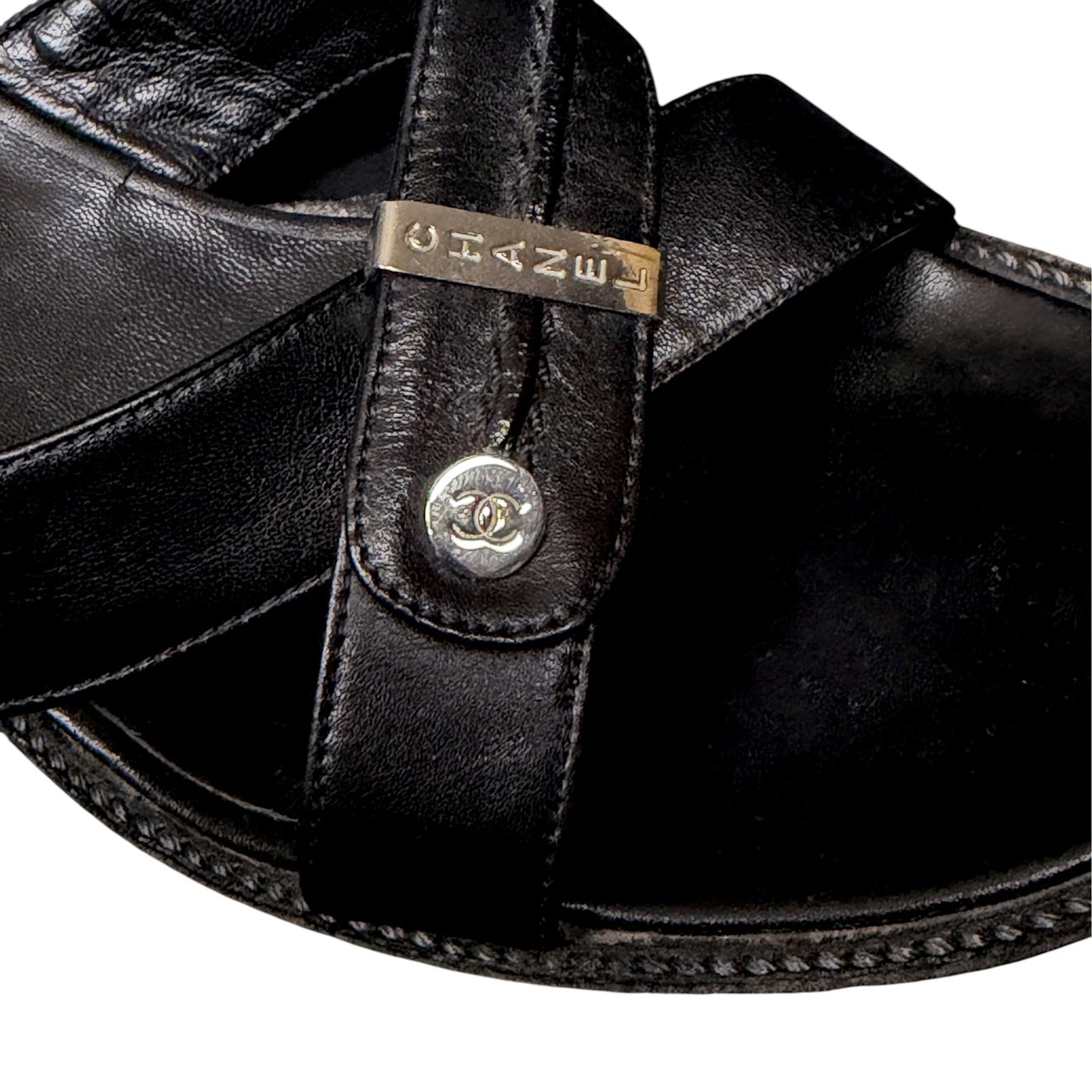 Vintage Chanel Black Leather Crossover Strap Mule Sandals Women EU 37.5 US 7/7.5