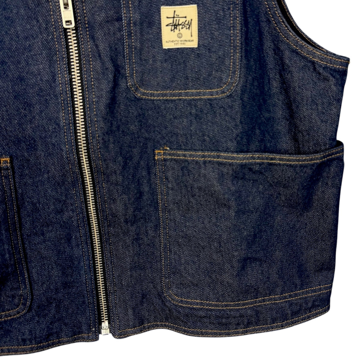 Stussy Workgear Indigo Blue Full Zip Denim Jean Vest Men's Large Utility Skater