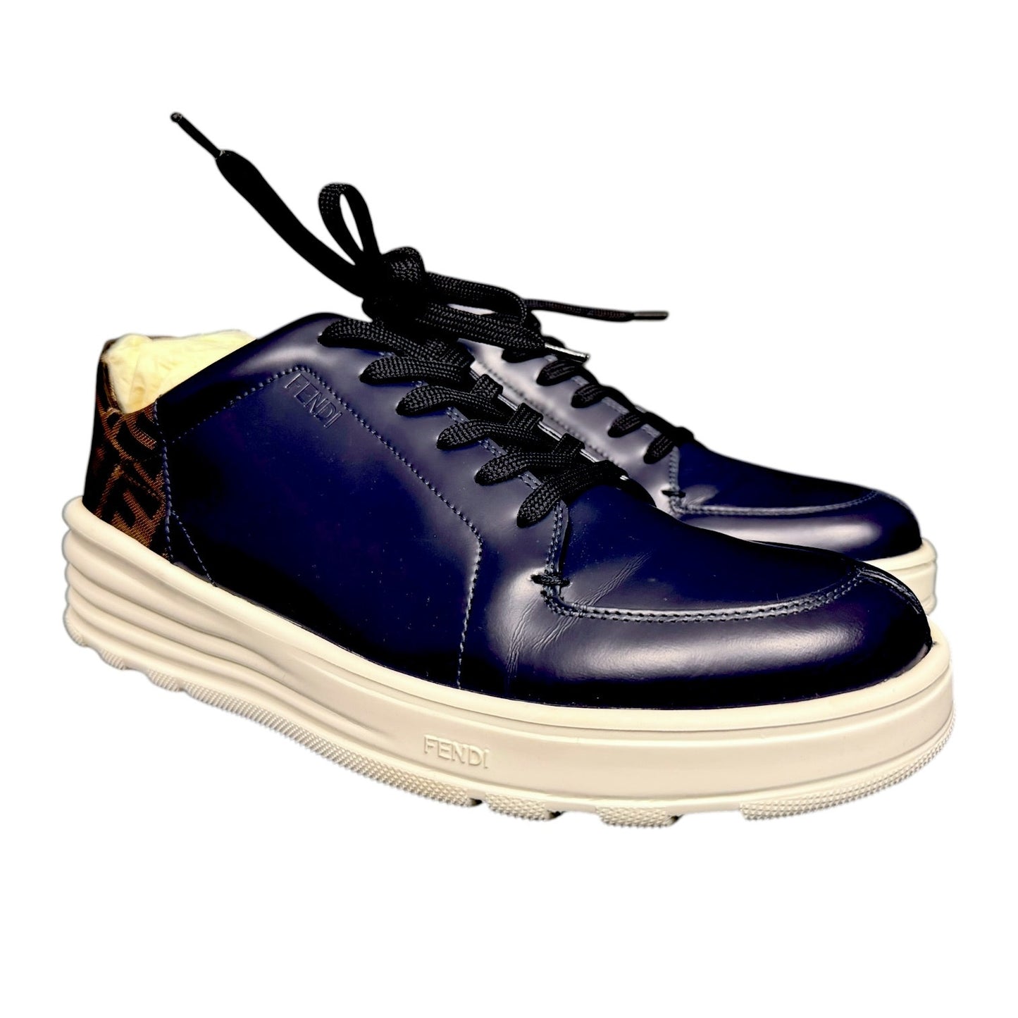 Fendi FF Navy Blue Monogram Logo Motif Low Top Leather Sneakers - $890 Retail