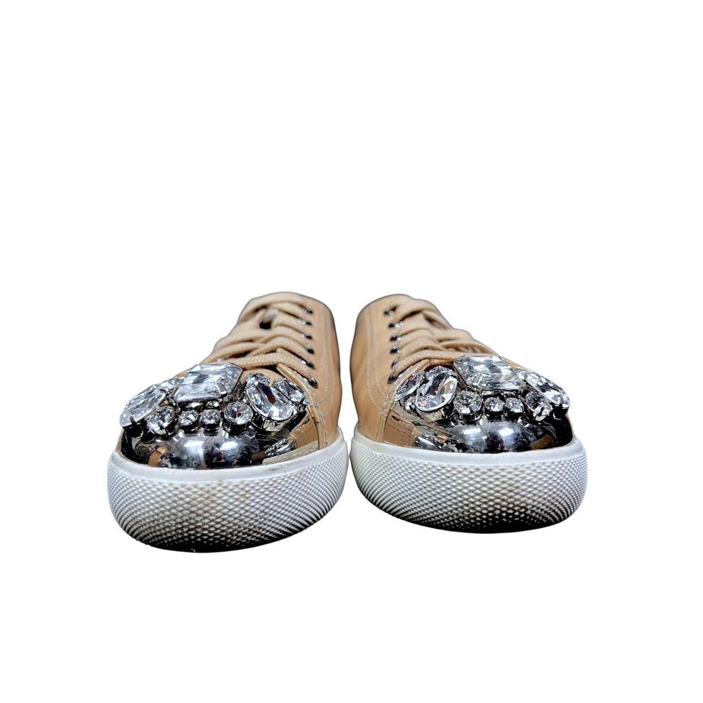 Miu Miu Crystal Embellished Patent Leather Beige Sneakers $1,120 US 7.5/8 EU 38