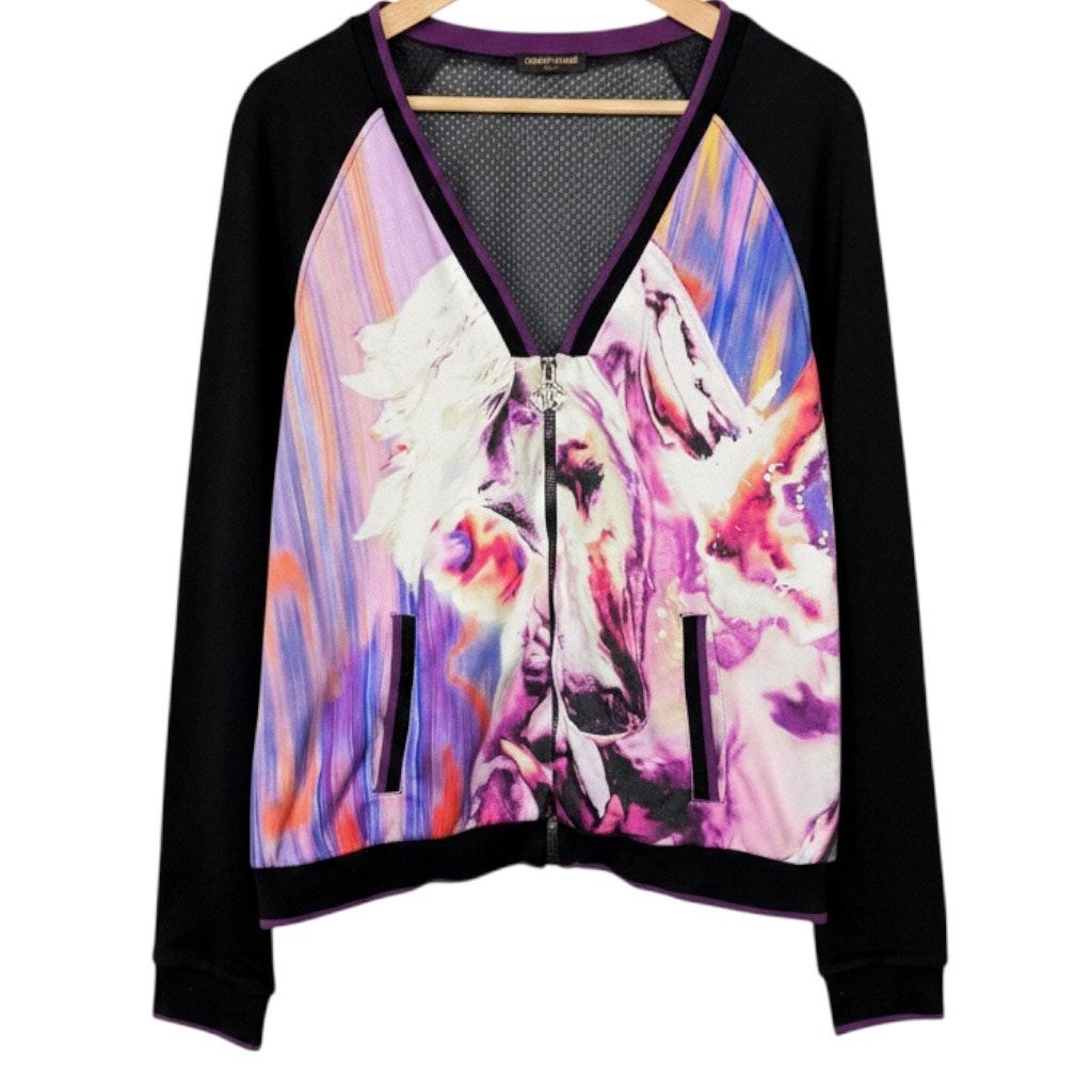 Roberto Cavalli Gym Stylized Paint Horse V-Neck Women's XL Track Jacket Luxury