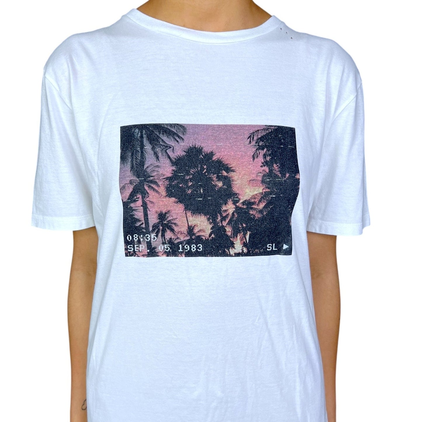 Saint Laurent Paris Women's Small Distressed Palm Tree VHS T-Shirt $430 Retail