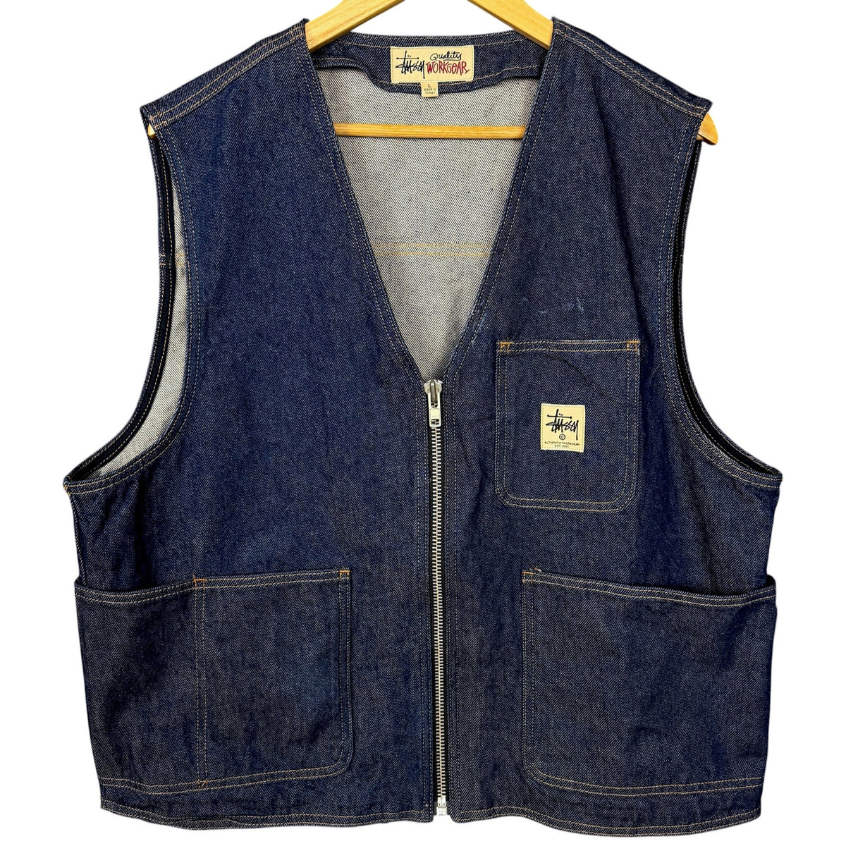 Stussy Workgear Indigo Blue Full Zip Denim Jean Vest Men's Large Utility Skater