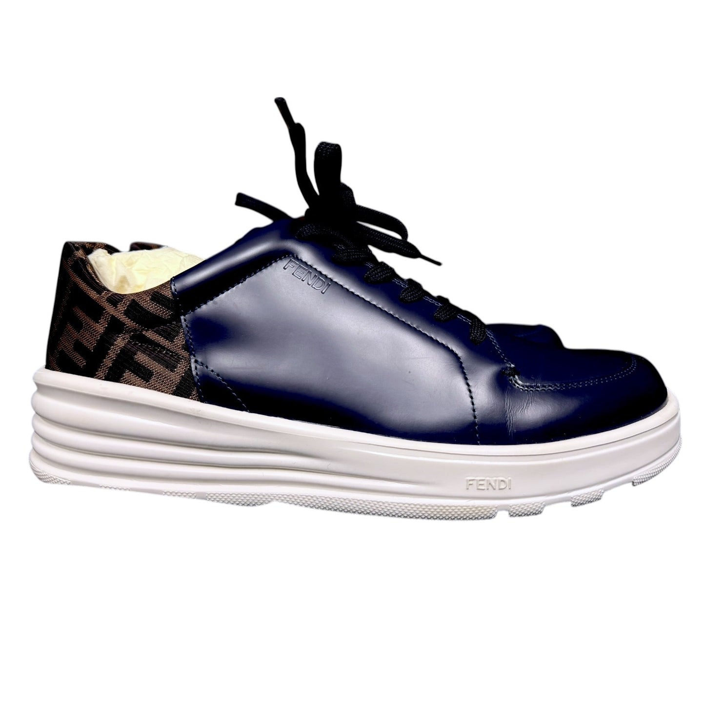 Fendi FF Navy Blue Monogram Logo Motif Low Top Leather Sneakers - $890 Retail