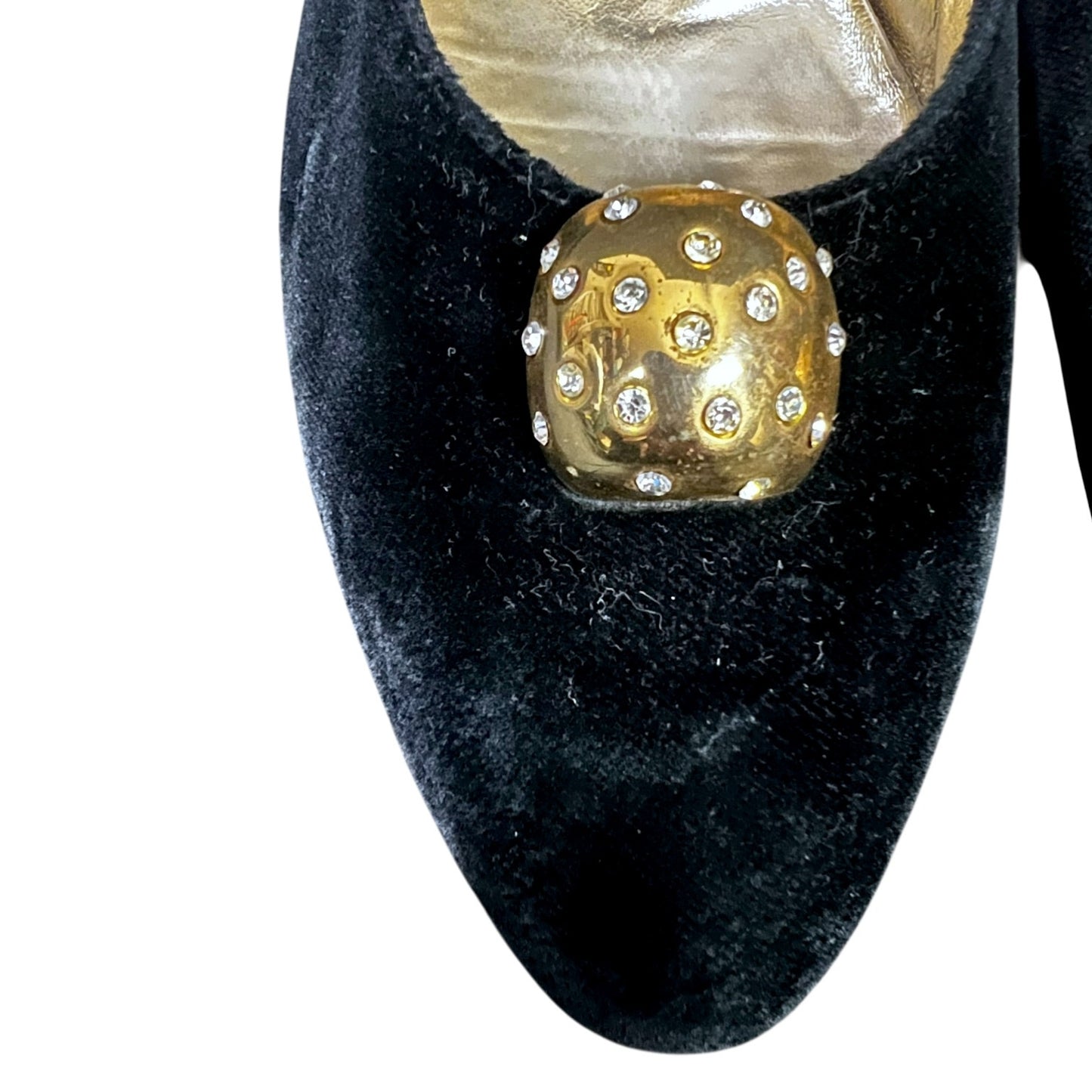 Vintage Salvatore Ferragamo Black Suede Kitten Heel Pumps with Faux Gold & Diamond Accent