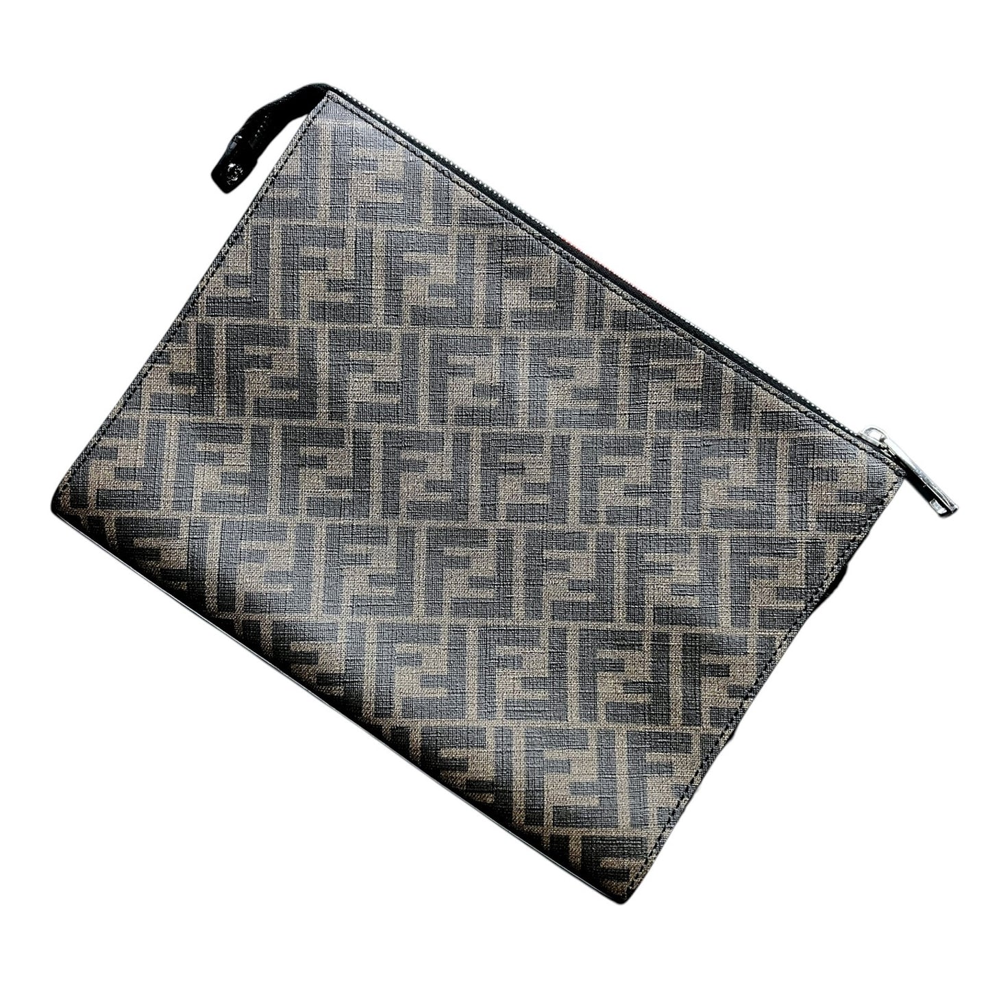 Fendi Diagonal Wrist Clutch Brown FF Zucca Logo Black Trim Luxury $1,250
