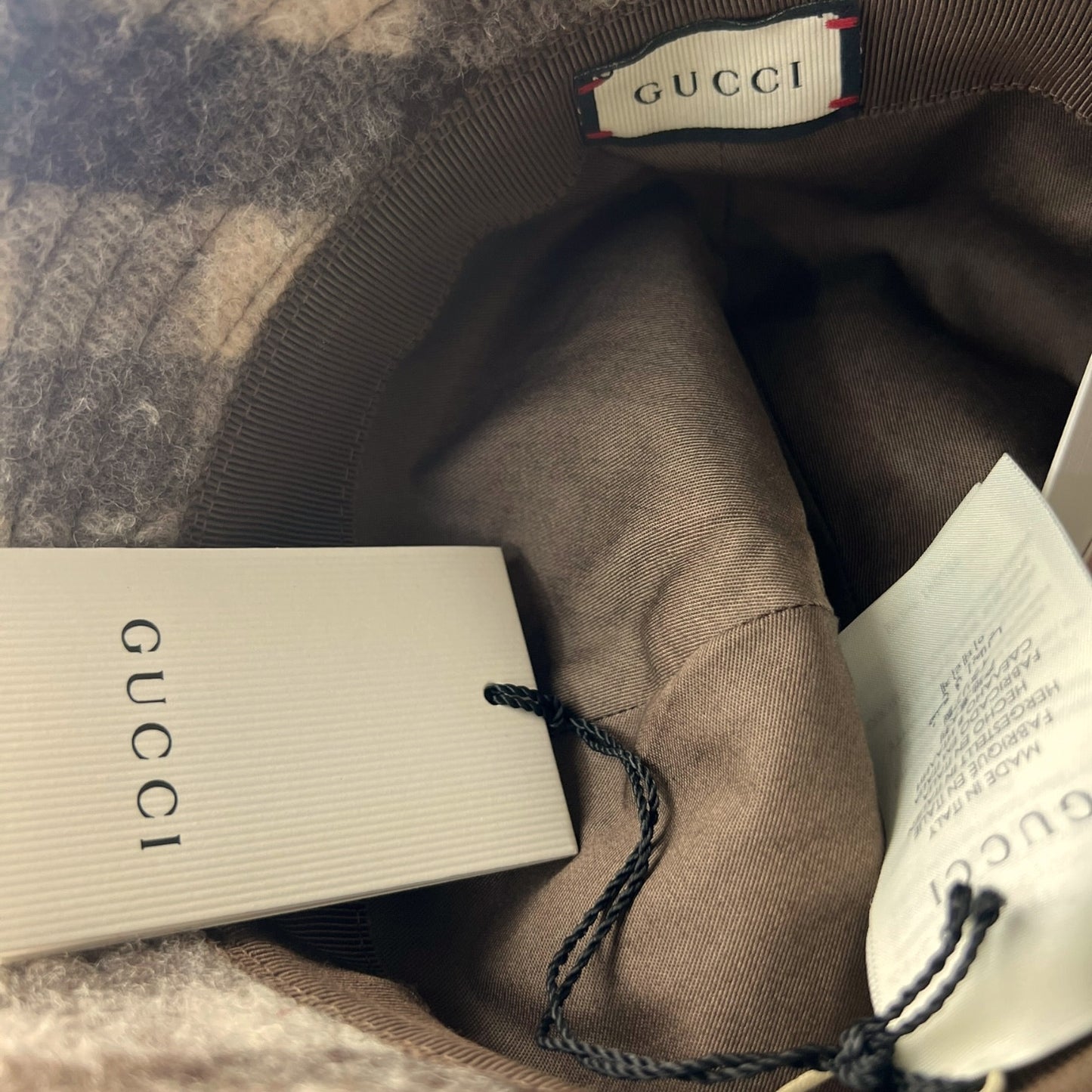 Gucci Orgasmique Patch Bucket Brown & White Plaid Bucket Hat - $530 Retail