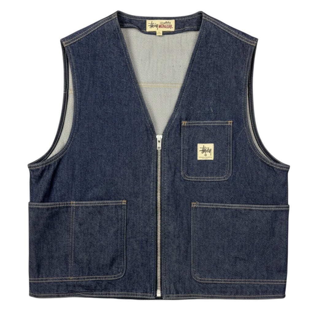 Stussy Workgear Indigo Blue Full Zip Denim Jean Vest Men's Large Utility Skater