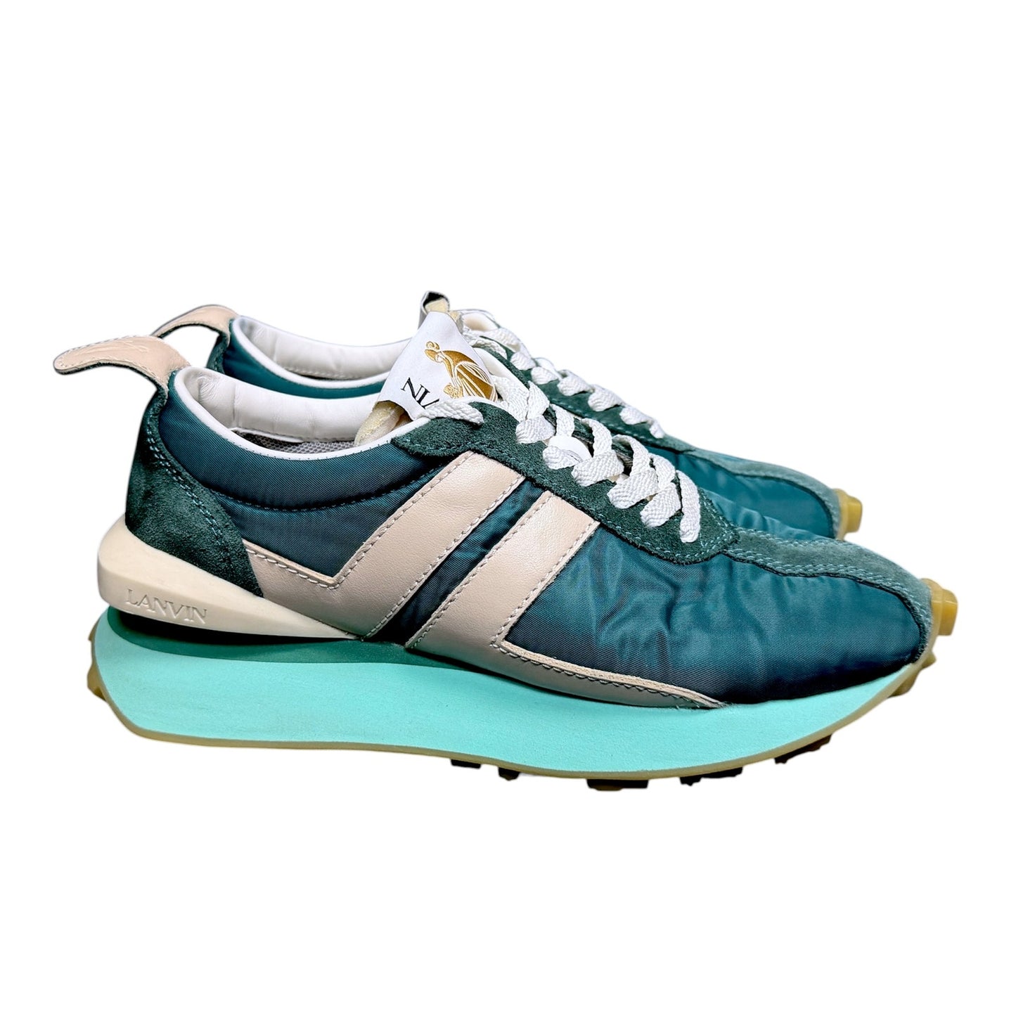 Lanvin Women's 37 Peacock Blue White Bumper Suede Leather Lace Up Sneakers US 6