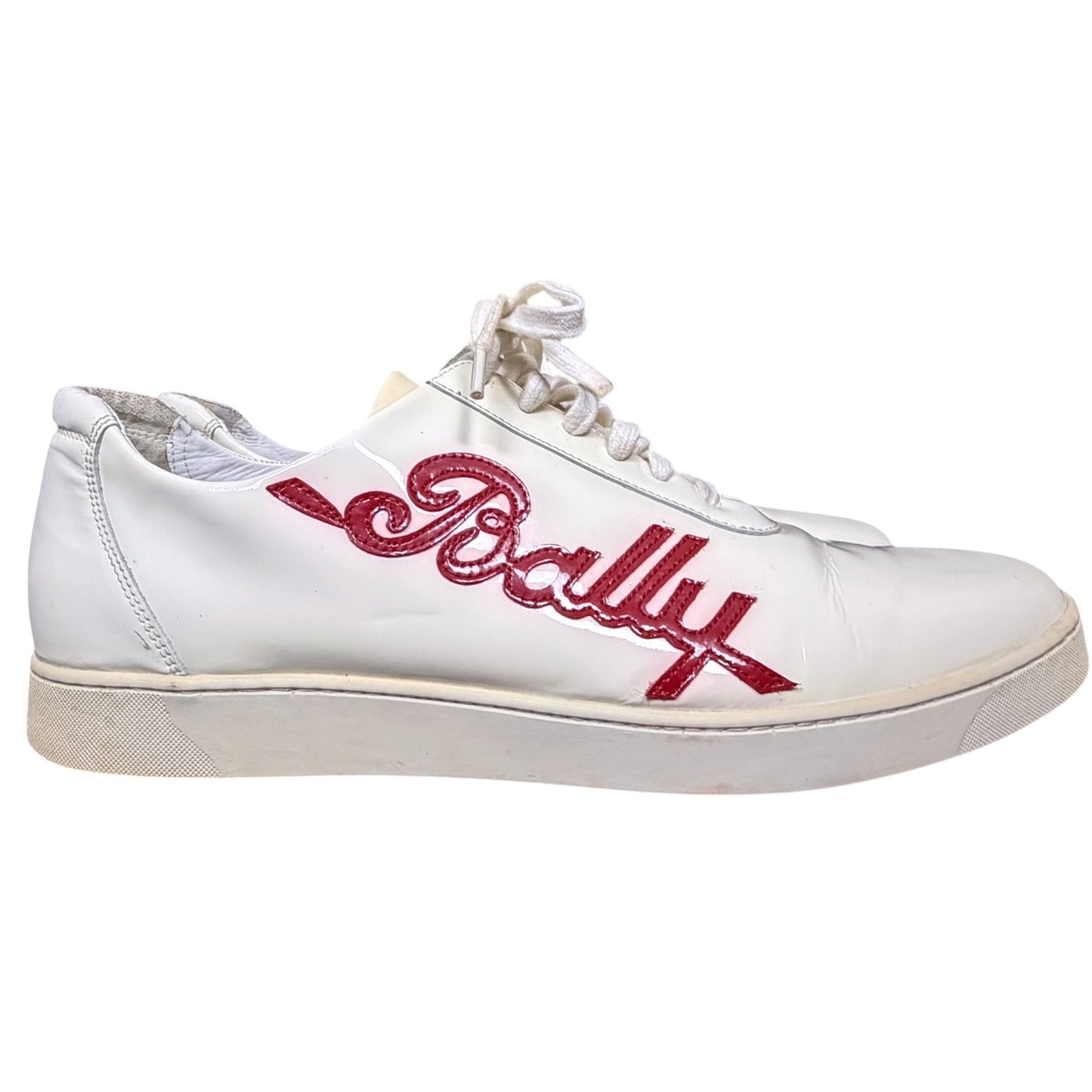 Bally White Patent Leather Men's 11 Cursive Logo Spellout Sneakers Luxury Rare