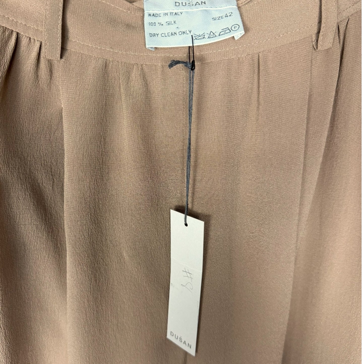 Dusan 100% Silk Flowy Pleated Tan Cuffed Women's L EU 42 Slacks Pants Career NWT