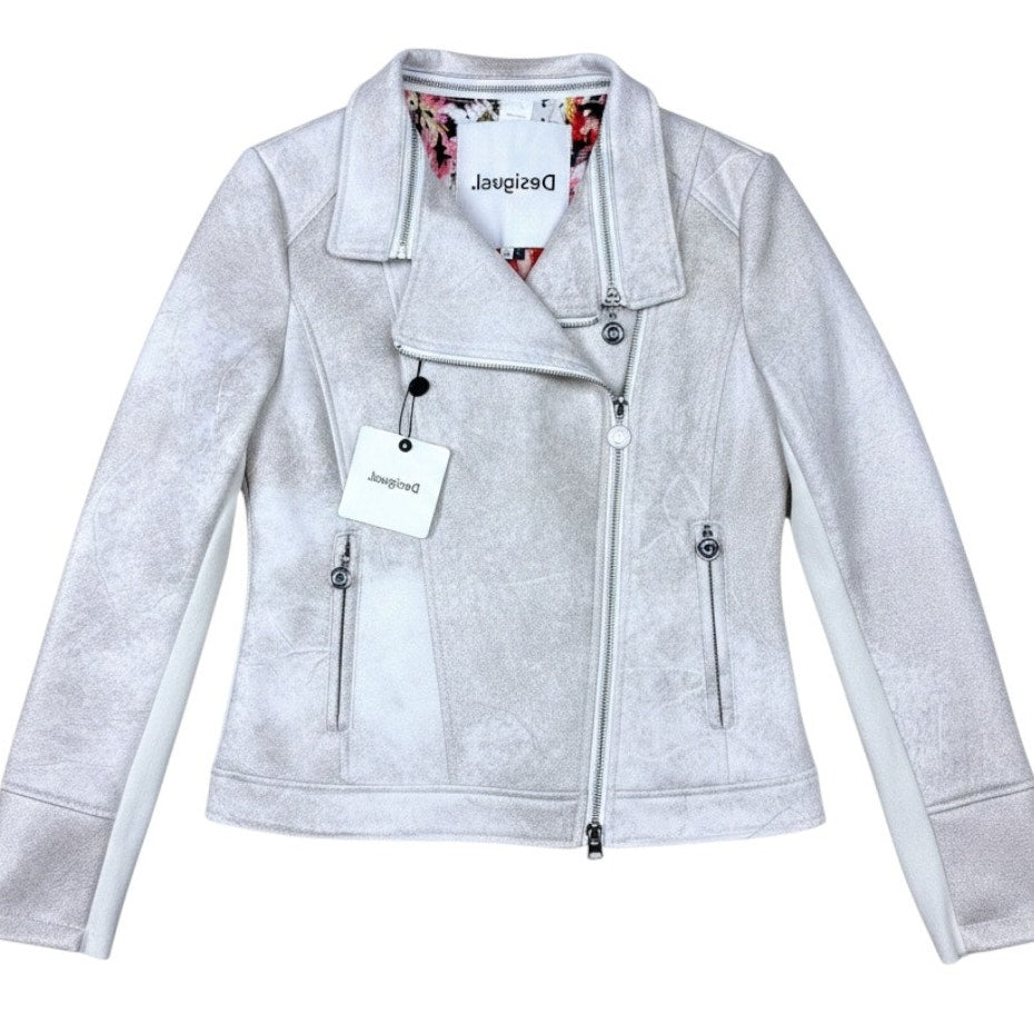 Desigual Moto Jacket Transformer Women's 38 US Small Cream Brown Embroidered NWT