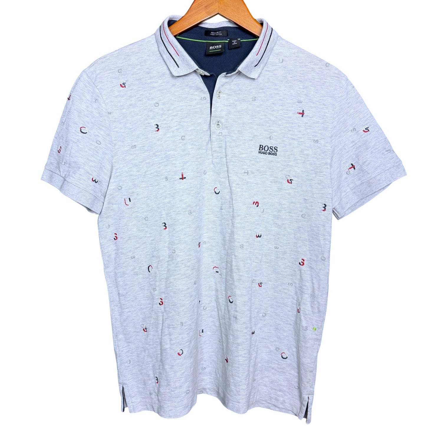 Boss Hugo Boss Gray All Over Embroidered Logo Men's Medium Pima Polo Shirt