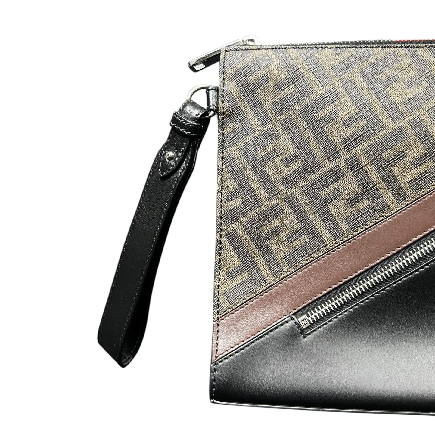 Fendi Diagonal Wrist Clutch Brown FF Zucca Logo Black Trim Luxury $1,250