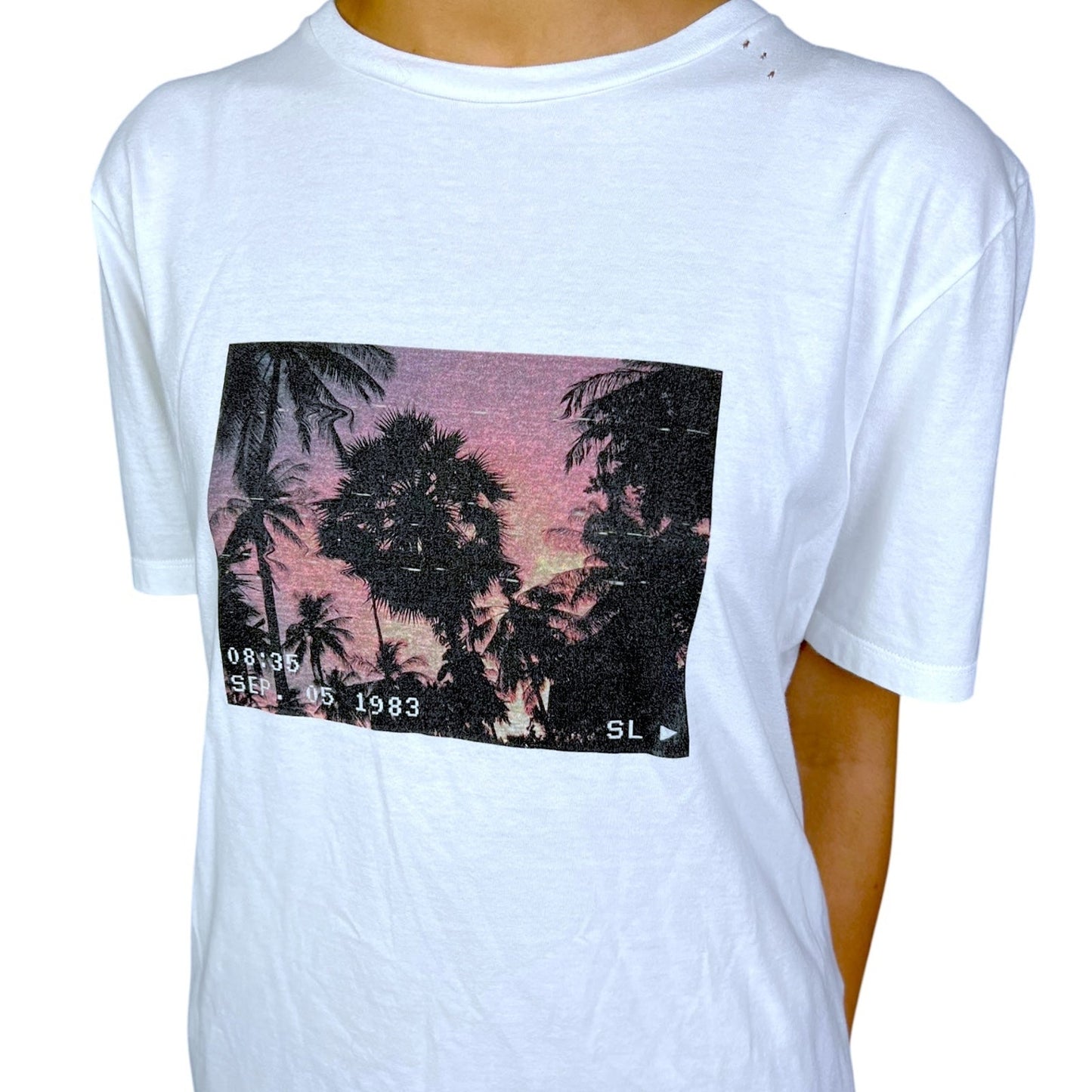 Saint Laurent Paris Women's Small Distressed Palm Tree VHS T-Shirt $430 Retail
