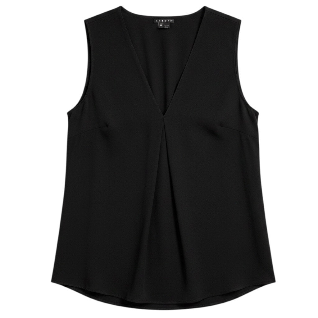 Theory Women P Black 100% Silk V Neck Sleeveless Curved Hem Strap Tank Shell