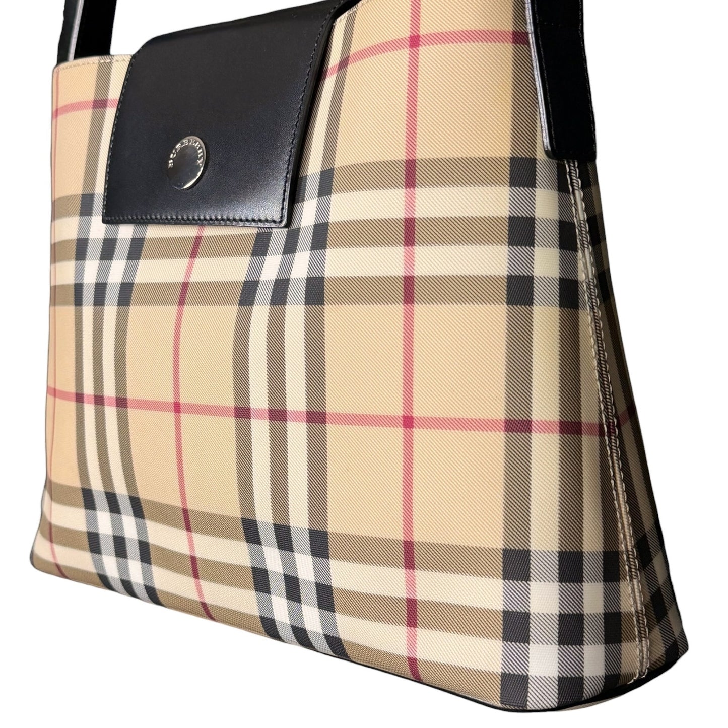Burberry Nova Check Top Handle Bag Purse Silver Metal Leather Trim Luxury