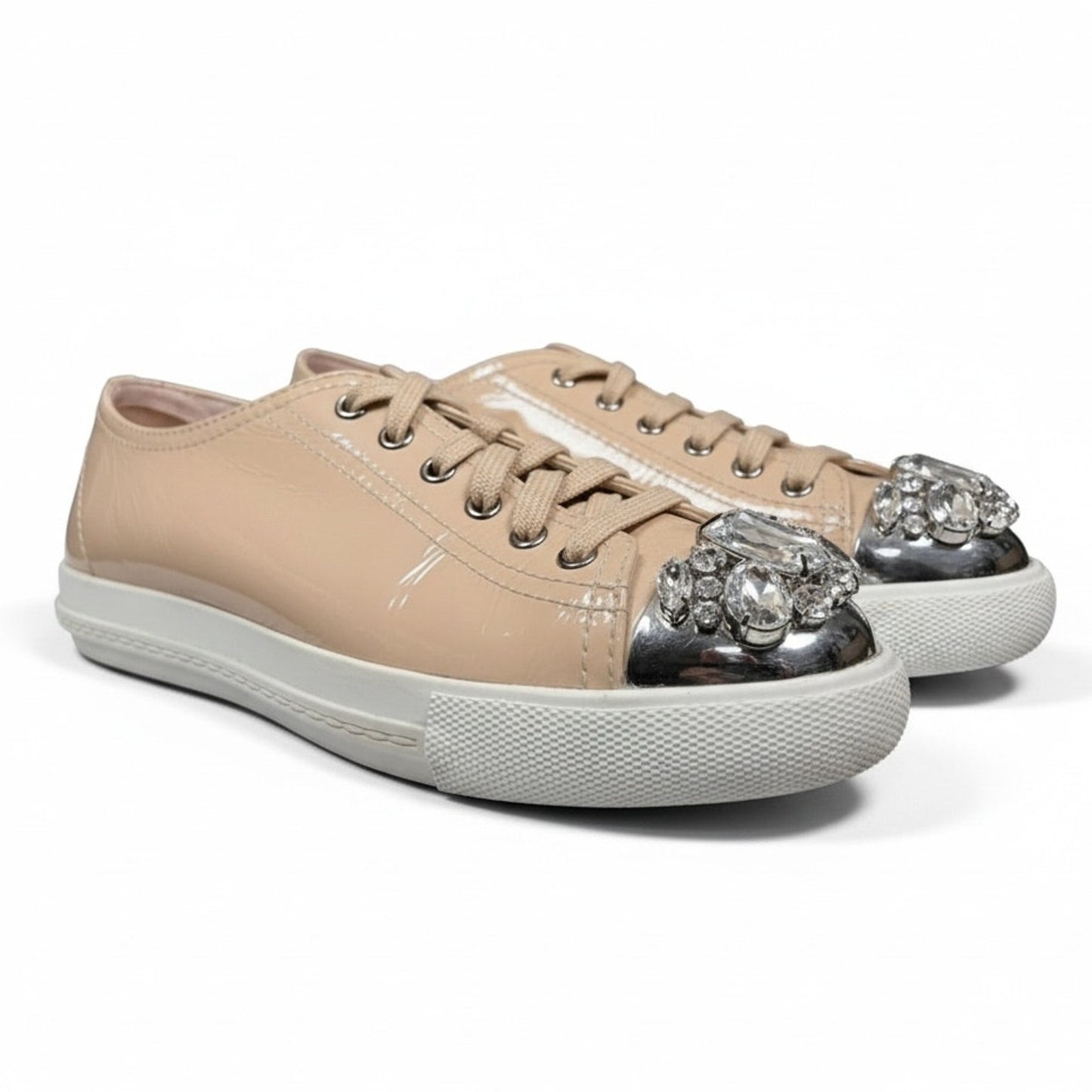 Miu Miu Crystal Embellished Patent Leather Beige Sneakers $1,120 US 7.5/8 EU 38