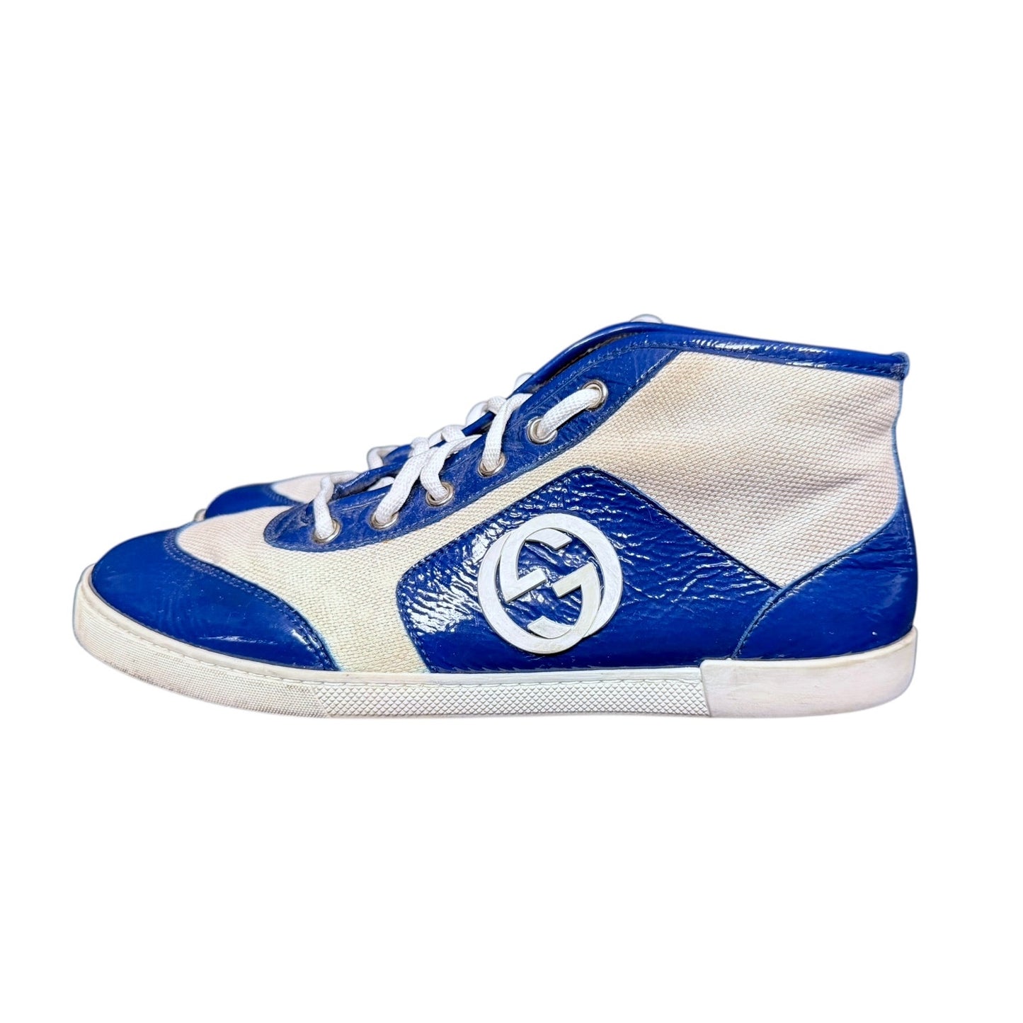 Gucci Two Tone Canvas and Patent Leather Hi-Top Sneakers