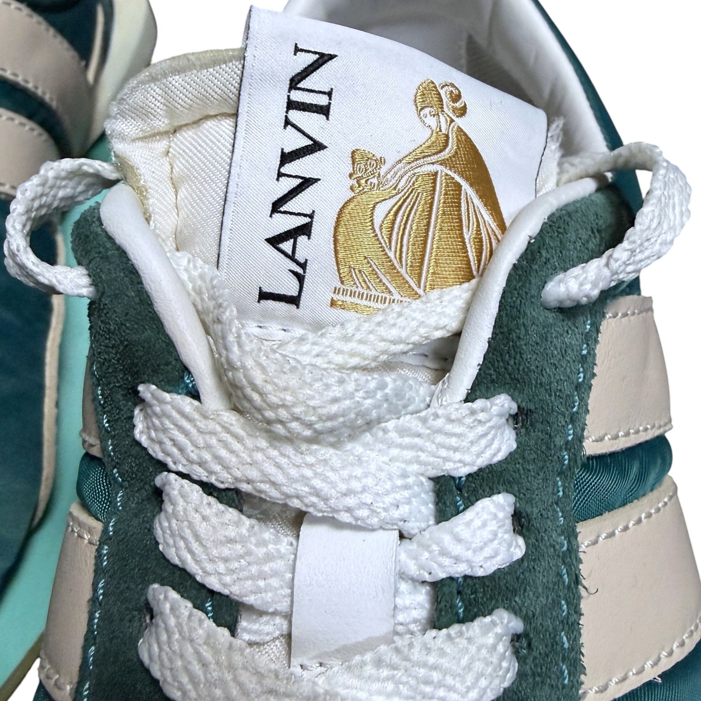 Lanvin Women's 37 Peacock Blue White Bumper Suede Leather Lace Up Sneakers US 6