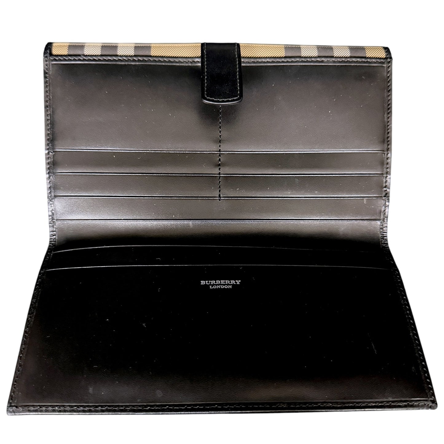 Authentic Burberry Nova Check Continental Long Wallet Black Leather Trim Luxury